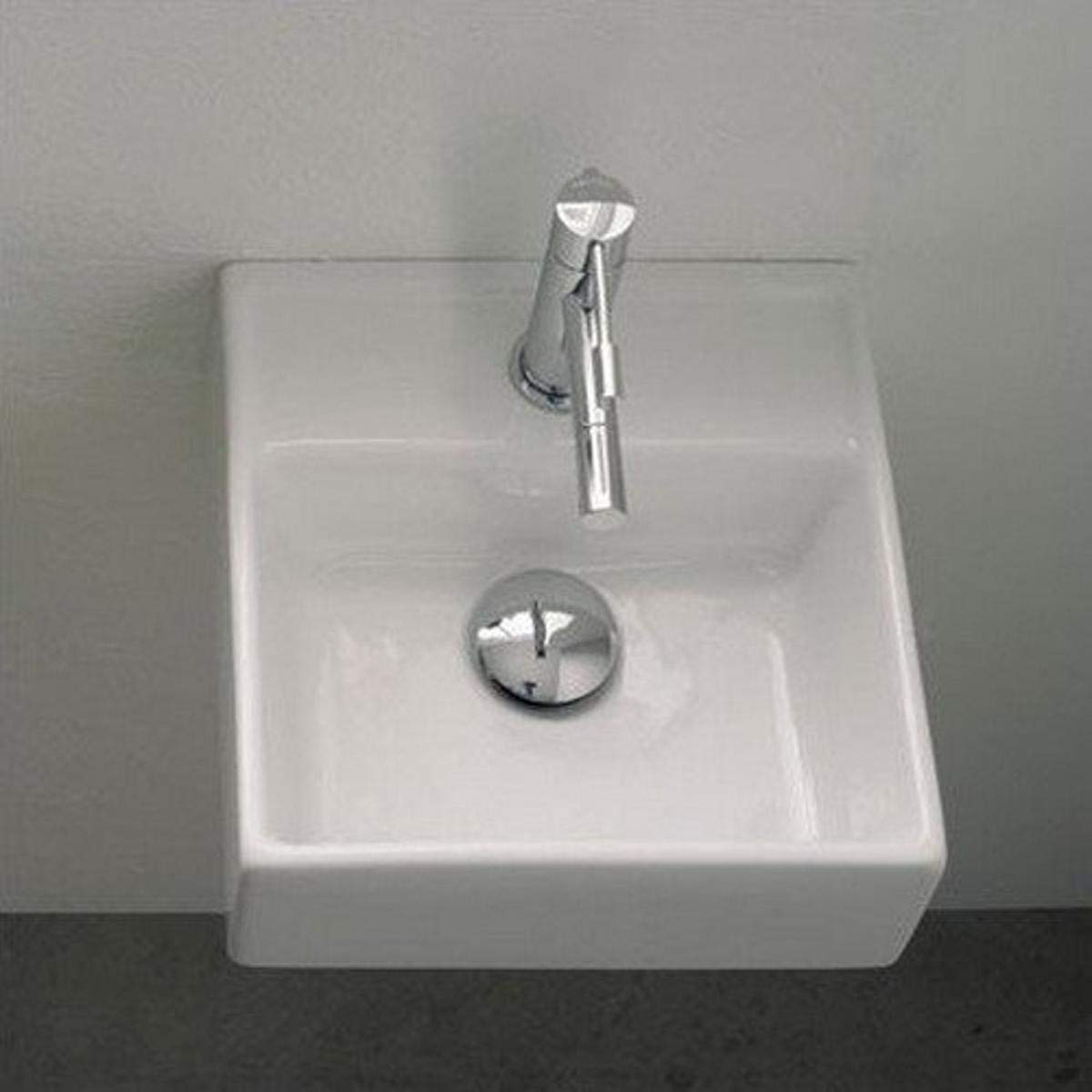 Scarabeo 8036 White Square Wall Mounted Ceramic Bathroom Sink with Single Faucet Hole - Perfect for Small Bathrooms, Powder Rooms & Vanities
