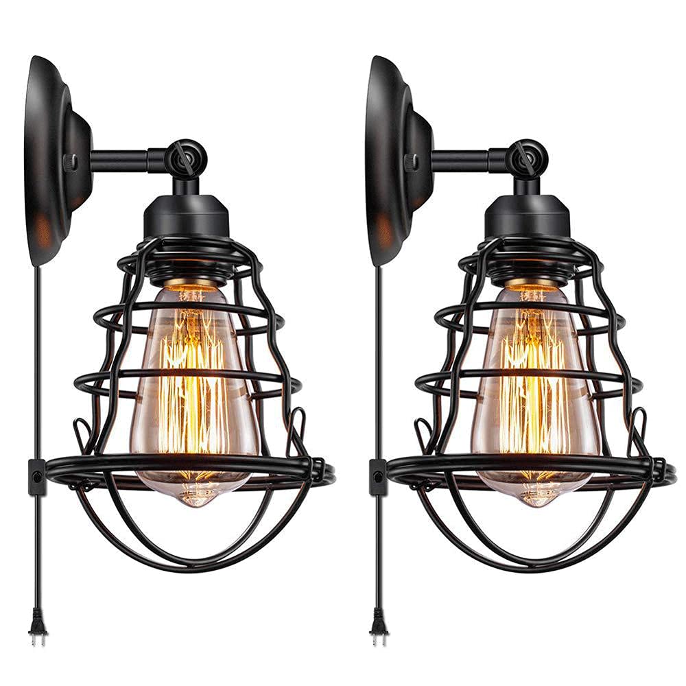 NAMFMS 2 Pack Vintage Industrial Wall Sconce - E26 Base Edison Wire Cage Plug-in Light Fixture with 5.9Ft Cord, Rustic Style for Bedroom Headboard, Porch, Bathroom & Home Decor | Perfect for Ambient Lighting and Vintage Interior Design
