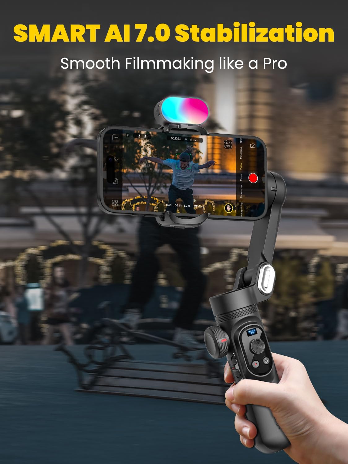 Professional 3-Axis Smartphone Gimbal Stabilizer with RGB Fill Light, Extension Rod & OLED Display - Wireless Charging Compatible with iPhone 15/14/13 Pro/Max & Galaxy S22 - Perfect for TikTok, YouTube & Vlogging (Smart X Pro Combo1)