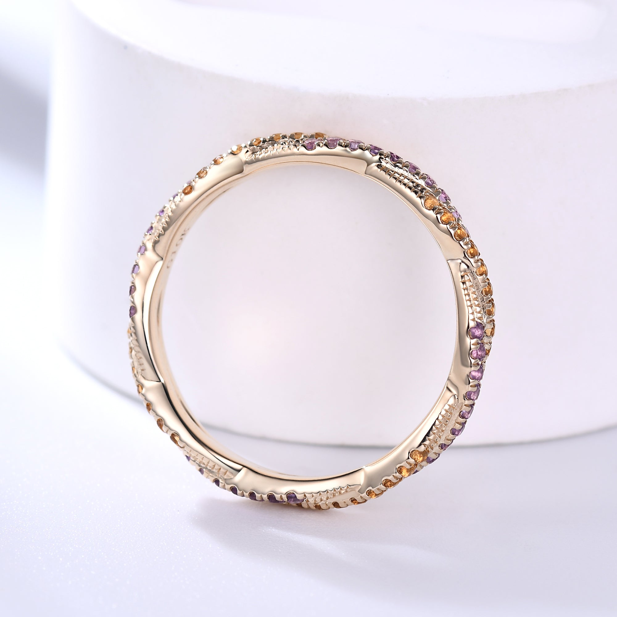 Twisted Amethyst & Citrine Yellow Gold Double Wedding Band Full Eternity Ring for Women - Perfect for Anniversaries, Engagements & Special Occasions