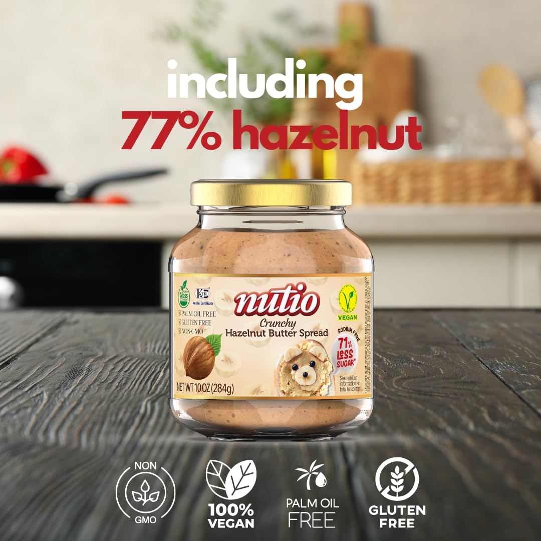 Nutio Crunchy Hazelnut Butter Spread - 77% Hazelnut, Low Sugar, Keto & Vegan Friendly, Gluten Free, Non-GMO, Palm Oil Free - Healthy Snack for Toast, Smoothies & Baking - 10.5 oz Glass Jar