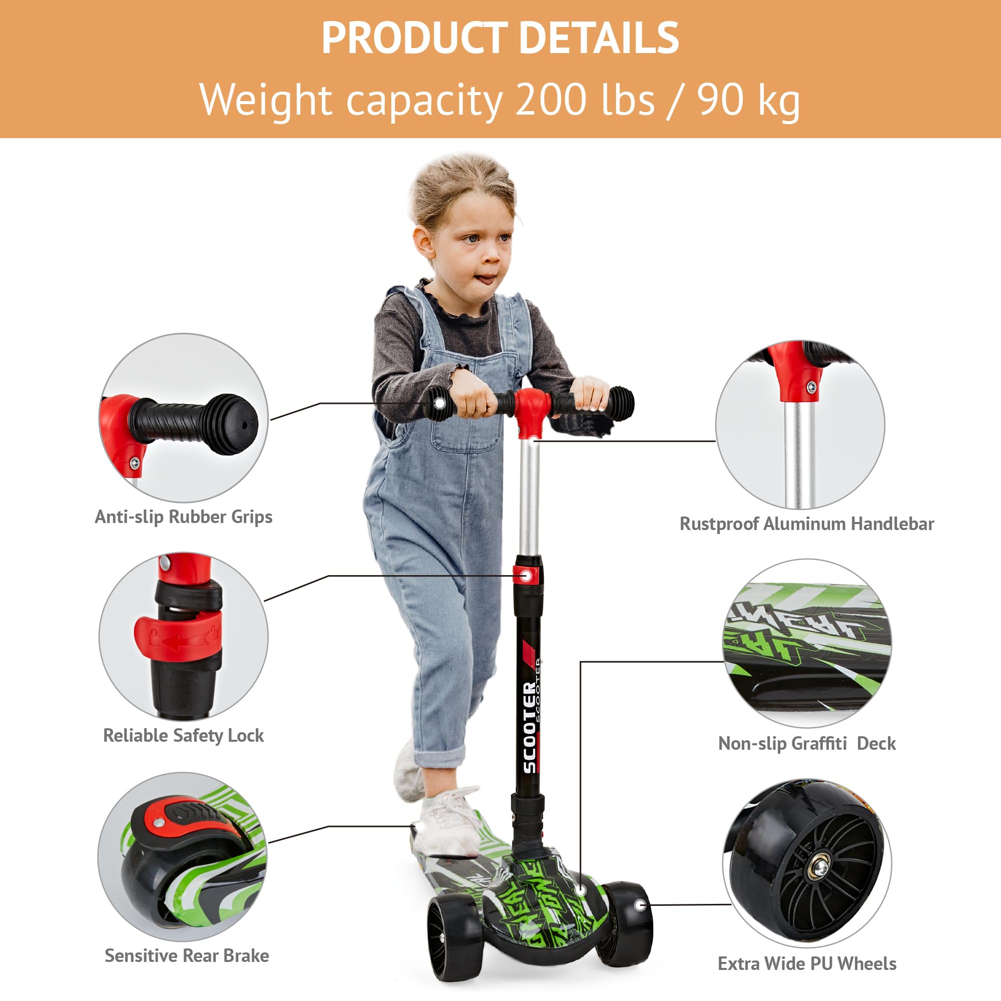 **Foldable & Adjustable Kids Scooter for Ages 3-12 – Graffiti Design, Non-Slip Deck, Wide Light-Up PU Wheels (200 lbs Capacity) – Perfect for Commuting, Park Rides & Outdoor Play**
