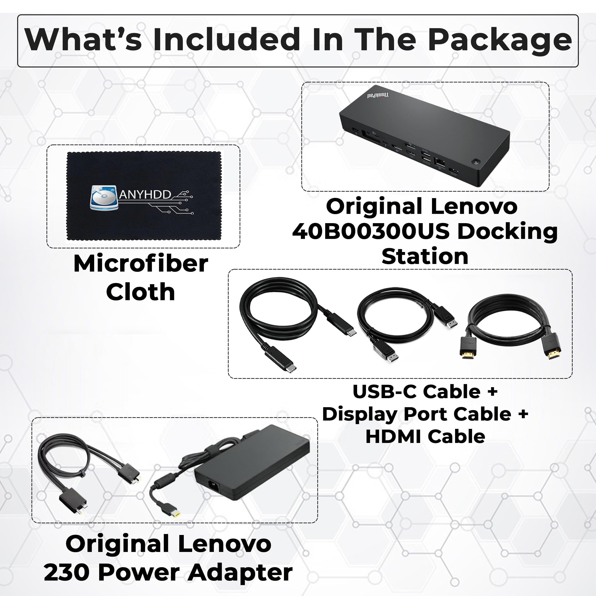 Lenovo ThinkPad Thunderbolt 4 Docking Station (40B00300US) with 300W AC Adapter - USB-C Hub with HDMI, DisplayPort & Thunderbolt Cables + Microfiber Cloth - 1 Year Warranty - Perfect for Home Office & Remote Work Setup