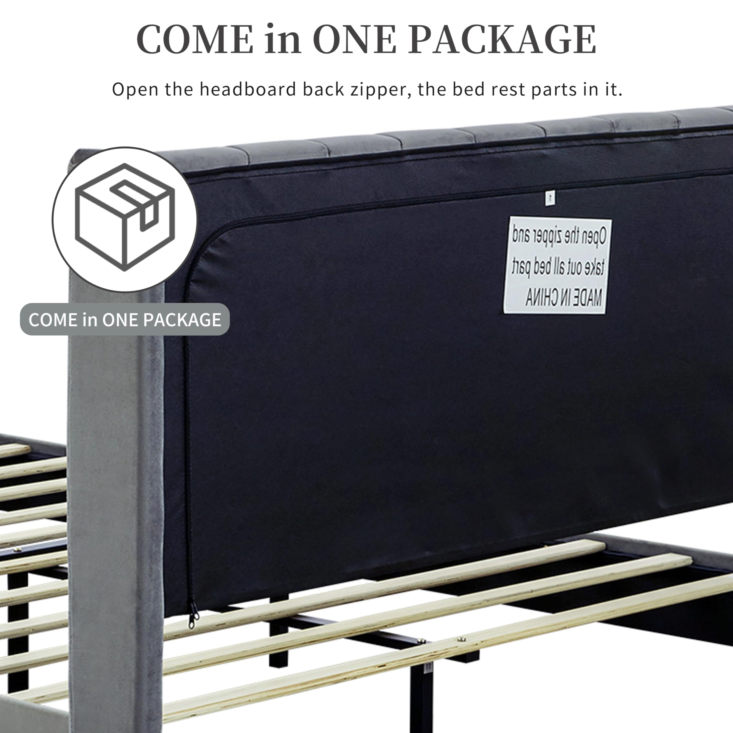 Grey Upholstered Platform Bed Frame - Full Size, Wood Slat Support, No Box Spring Needed for Bedroom