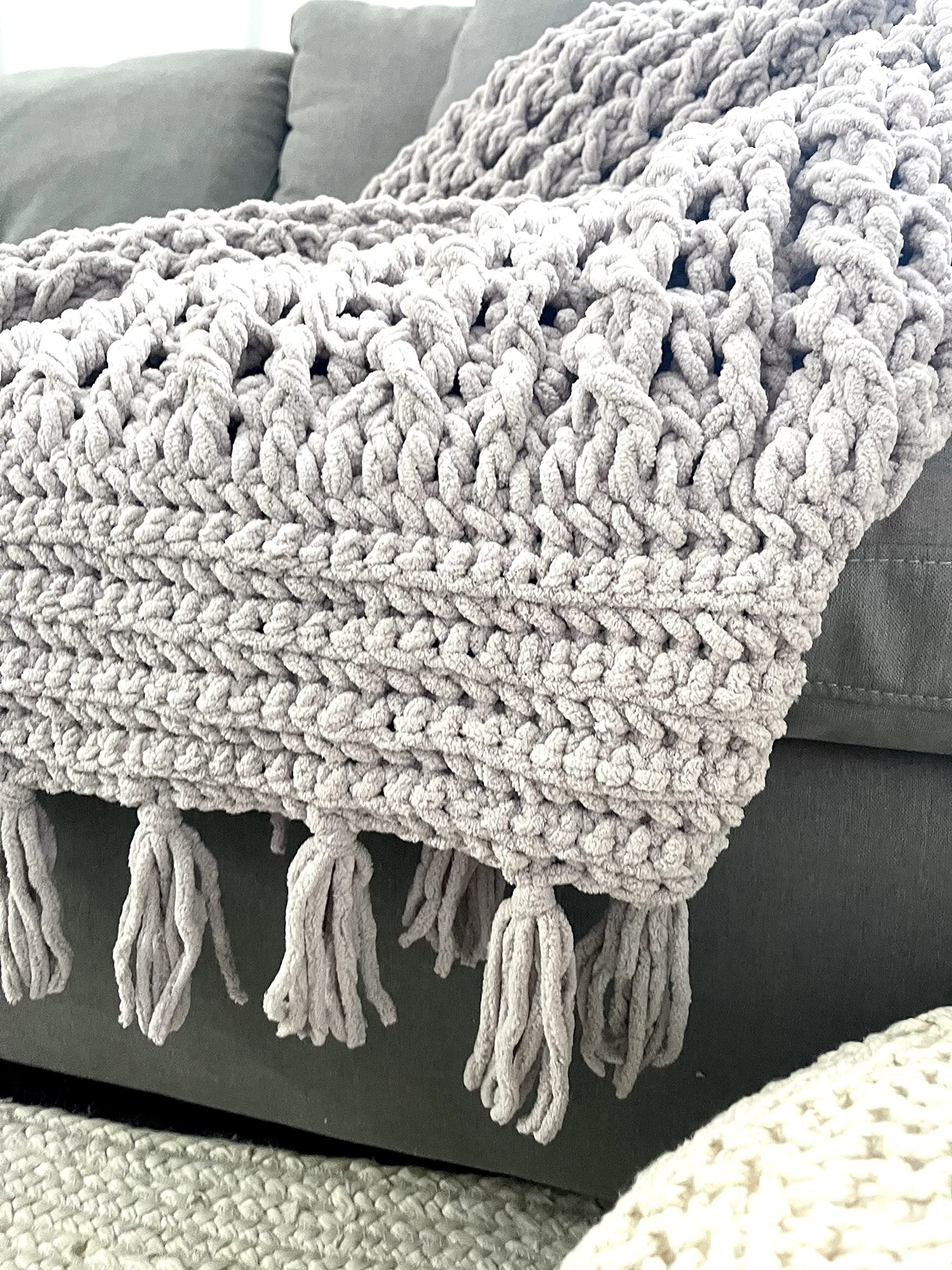 Handmade Crochet Blanket - Soft Thick Gray Rope Knit Throw Blanket for Sofa, Bed & Couch - Year Round Cozy Gift for Home Decor, Wedding & Baby Shower