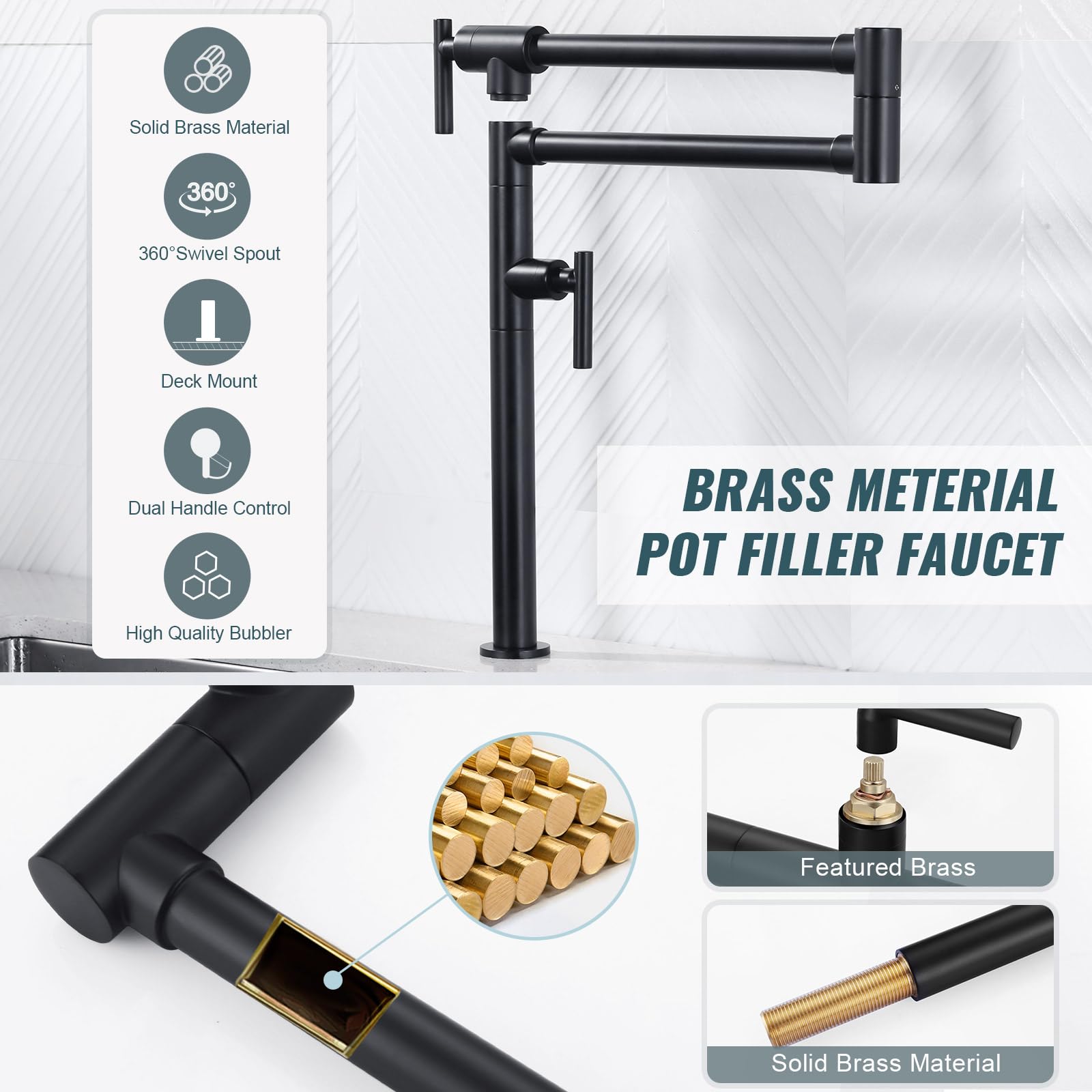 **Deck Mount Matte Black Pot Filler Faucet for Kitchen – Solid Brass Folding Faucet with Double Joint Swing Arms – Perfect for Stove, Sink & Cooking Convenience**
