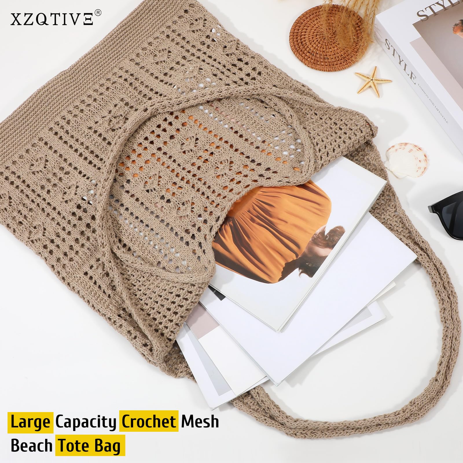 XZQTIVE Women's Crochet Tote Bag - Stylish Mesh Beach Bag for Summer Vacation, Aesthetic Knit Shoulder Purse | Perfect for Beach Trips, Shopping & Casual Outings