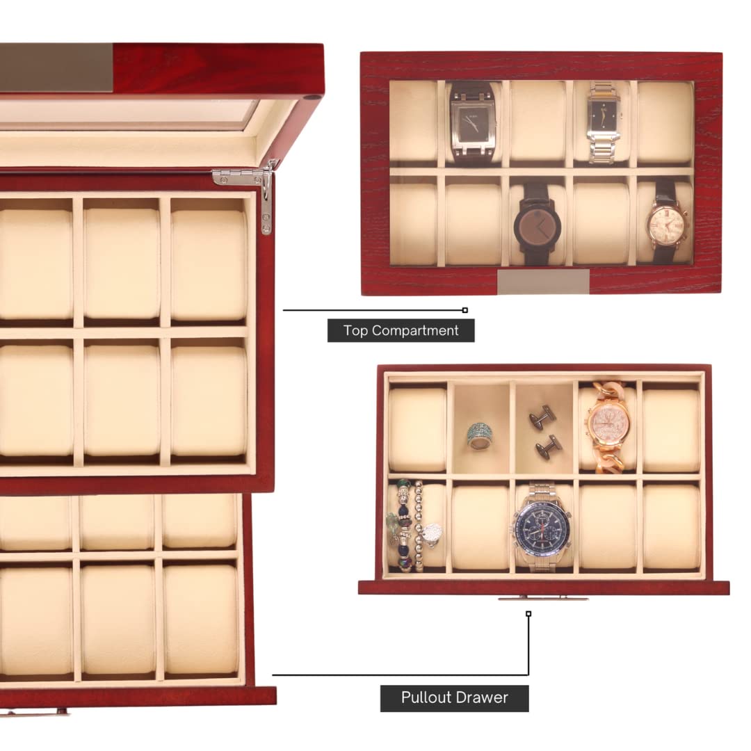 Cherry Oak Wood 20 Slot Watch Display Case & Jewelry Box Storage Organizer - Elegant Watch and Jewelry Organizer for Men & Women - Perfect for Home, Office, and Travel Accessory Storage