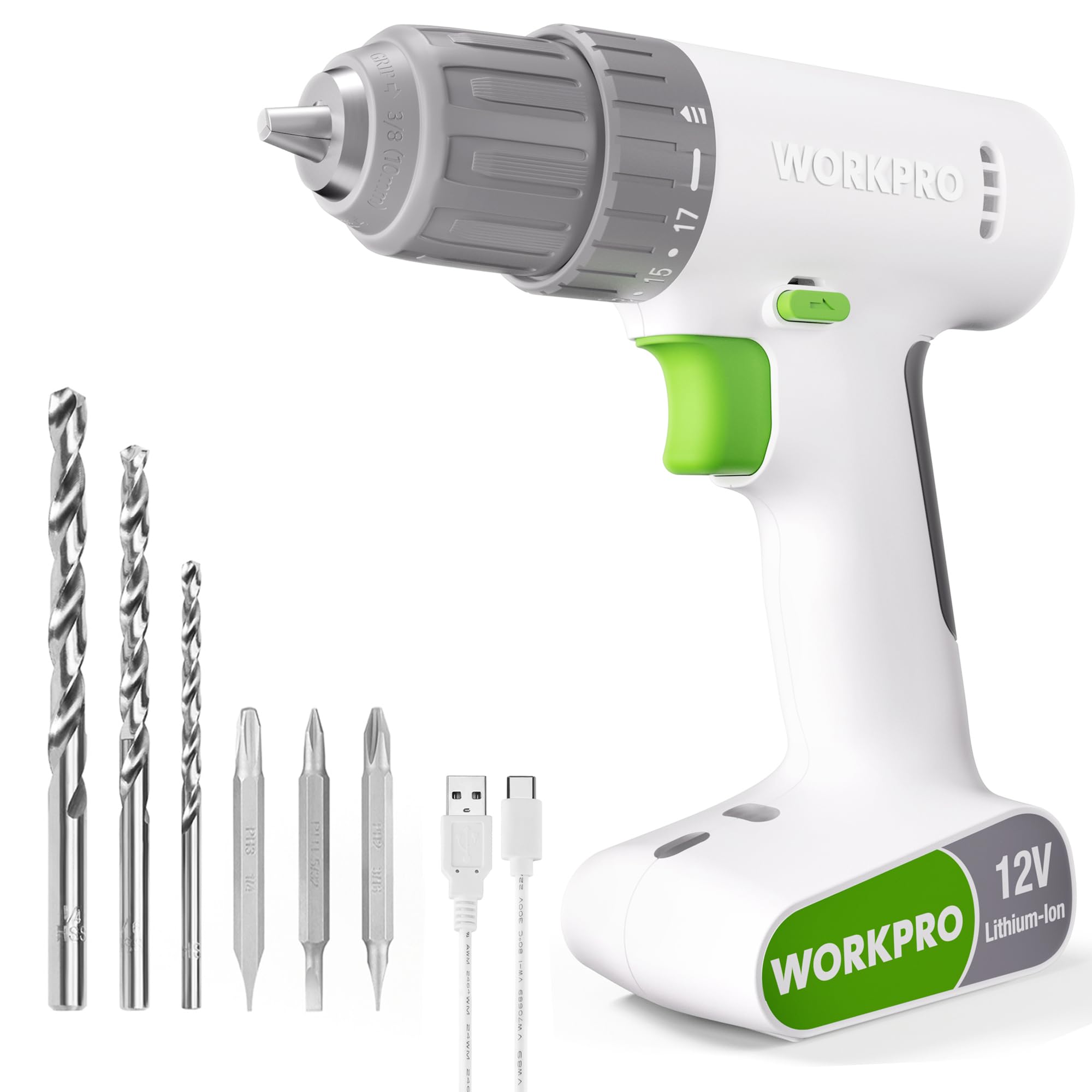 WORKPRO 12V Cordless Drill Driver Set with 6-Piece Bits - 3/8