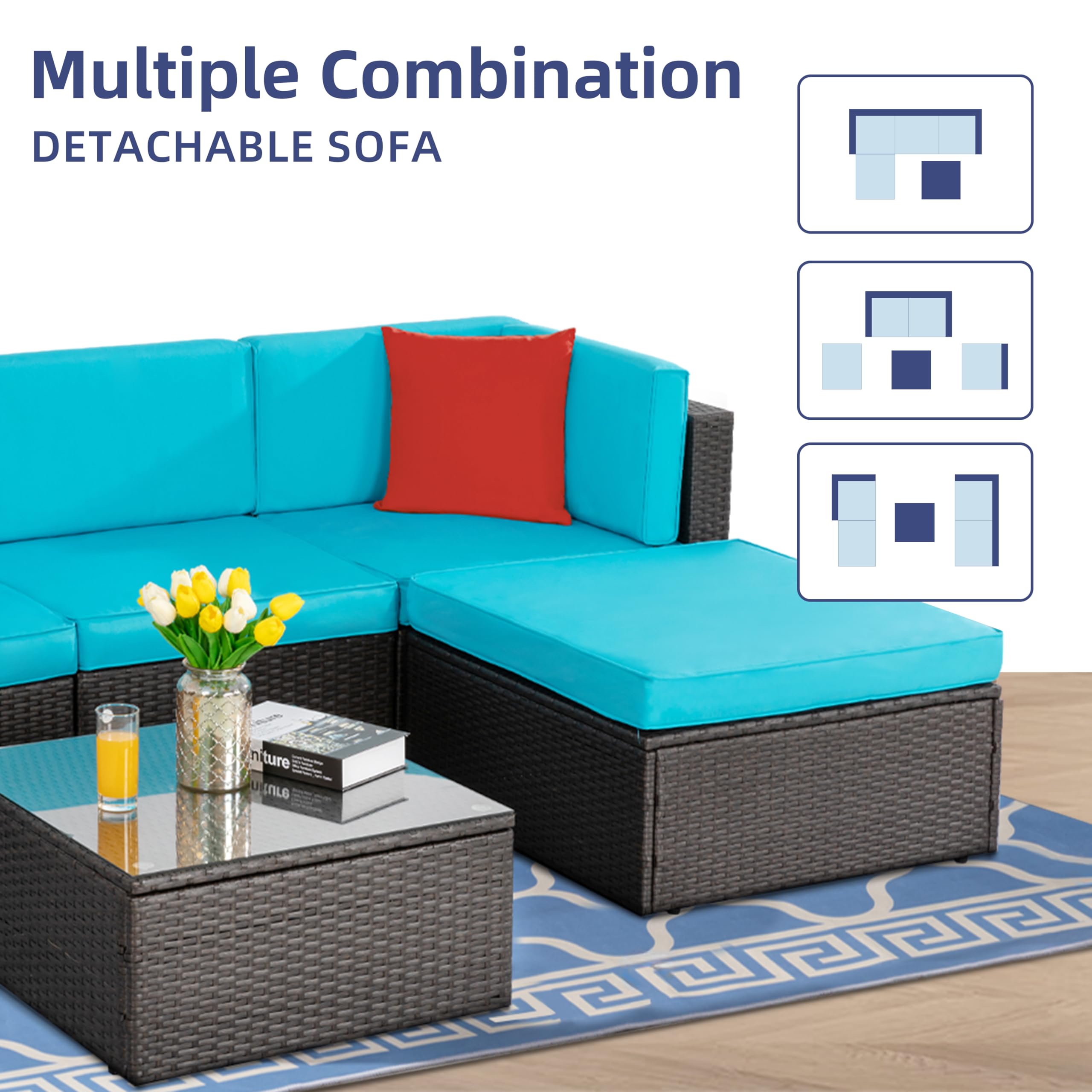 5-Piece All-Weather Brown PE Wicker Outdoor Patio Furniture Set - Sofa Sectional with Ottoman, Glass Coffee Table - Perfect for Garden, Backyard, Poolside & Small Balcony Conversations
