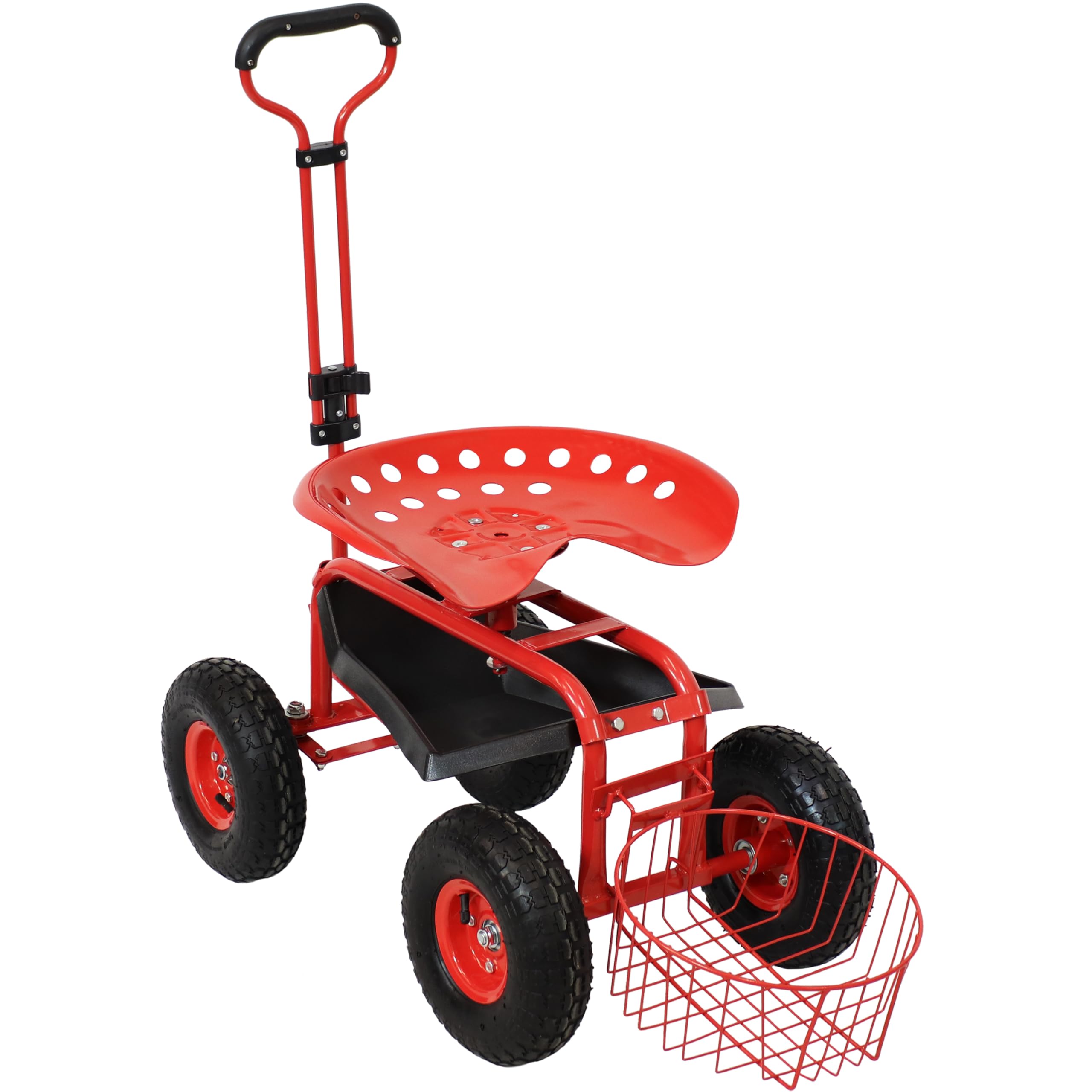 Sunnydaze Rolling Garden Stool with Wheels - Extendable Handle, Swivel Seat & Utility Tray - Red Outdoor Gardening Stool for Planting, Weeding & Yard Work