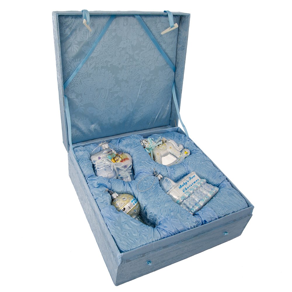 Kurt Adler Noble Gems Glass Baby Boy Christmas Ornament Set - 4 Piece Holiday Tree Decor for Newborns, Christening & First Christmas Celebrations