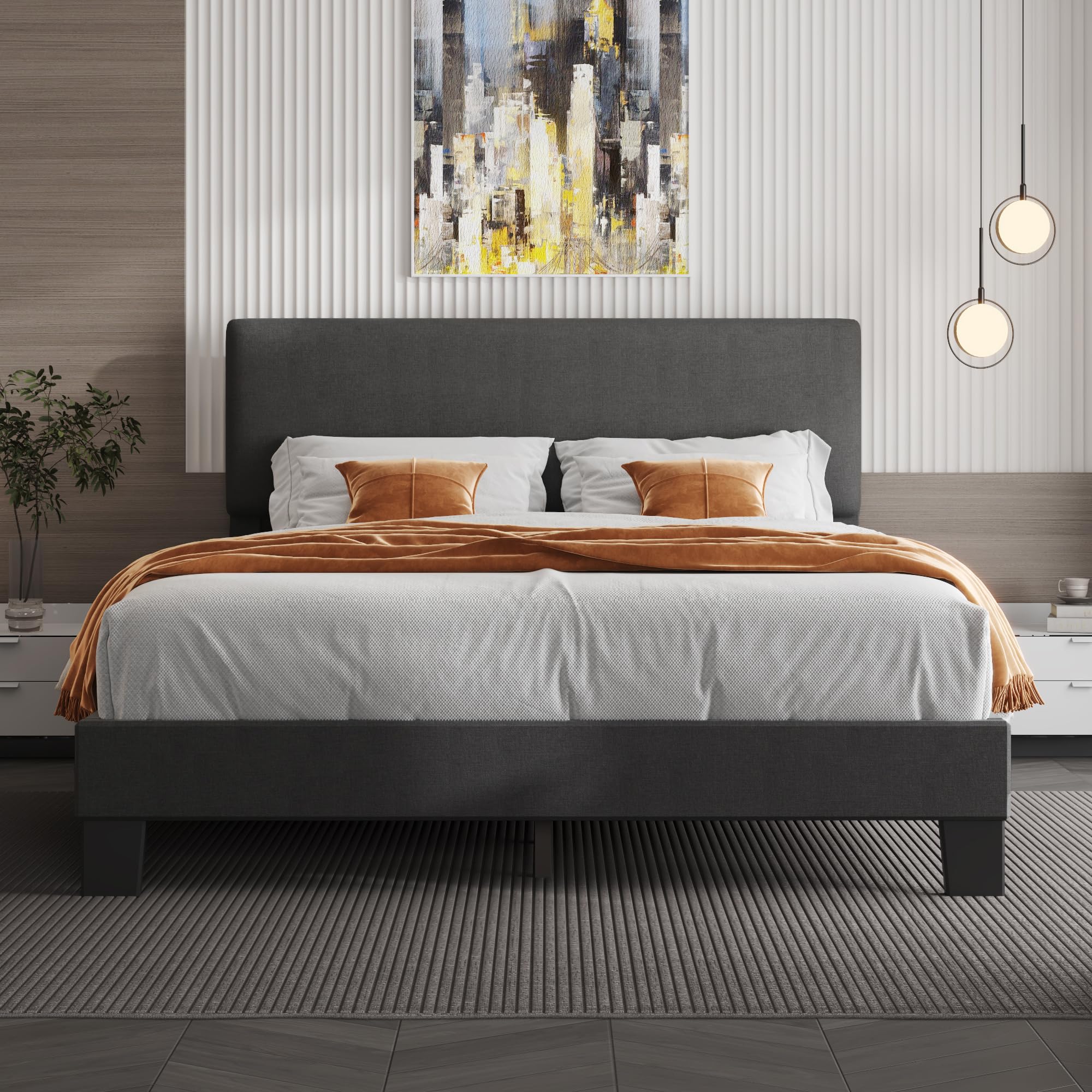 **Lifezone Queen Bed Frame with Upholstered Headboard - Dark Grey Wooden Slat Support, Heavy Duty Metal Feet, No Box Spring Needed - Easy Assembly for Bedroom, Guest Room, or Dorm**