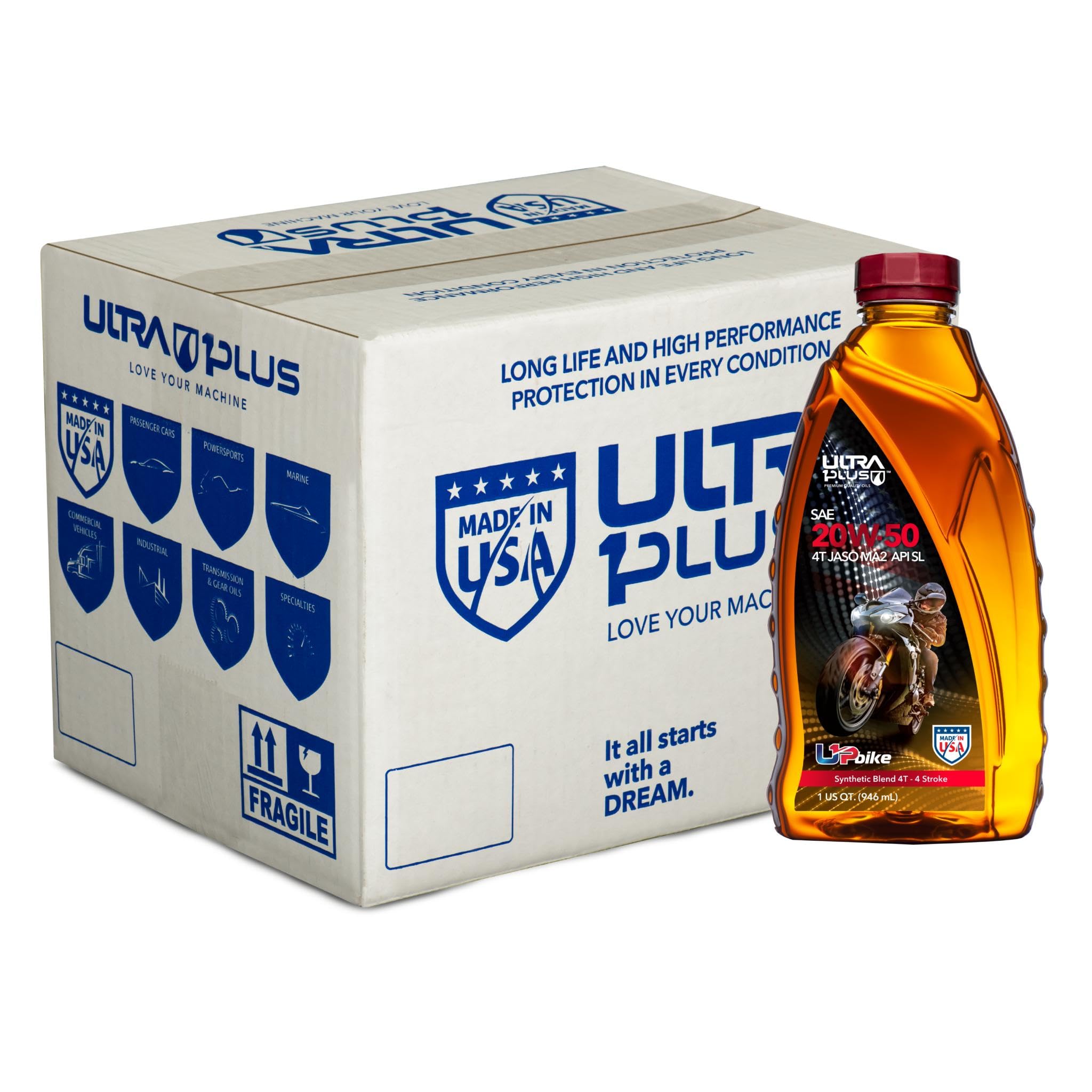 Ultra1Plus 4T 20W-50 Synthetic Blend Motorcycle Oil - API SL JASO MA2 Certified - 12 Quart Pack - High Performance Engine Protection for Cruisers, Touring & Off-Road Bikes