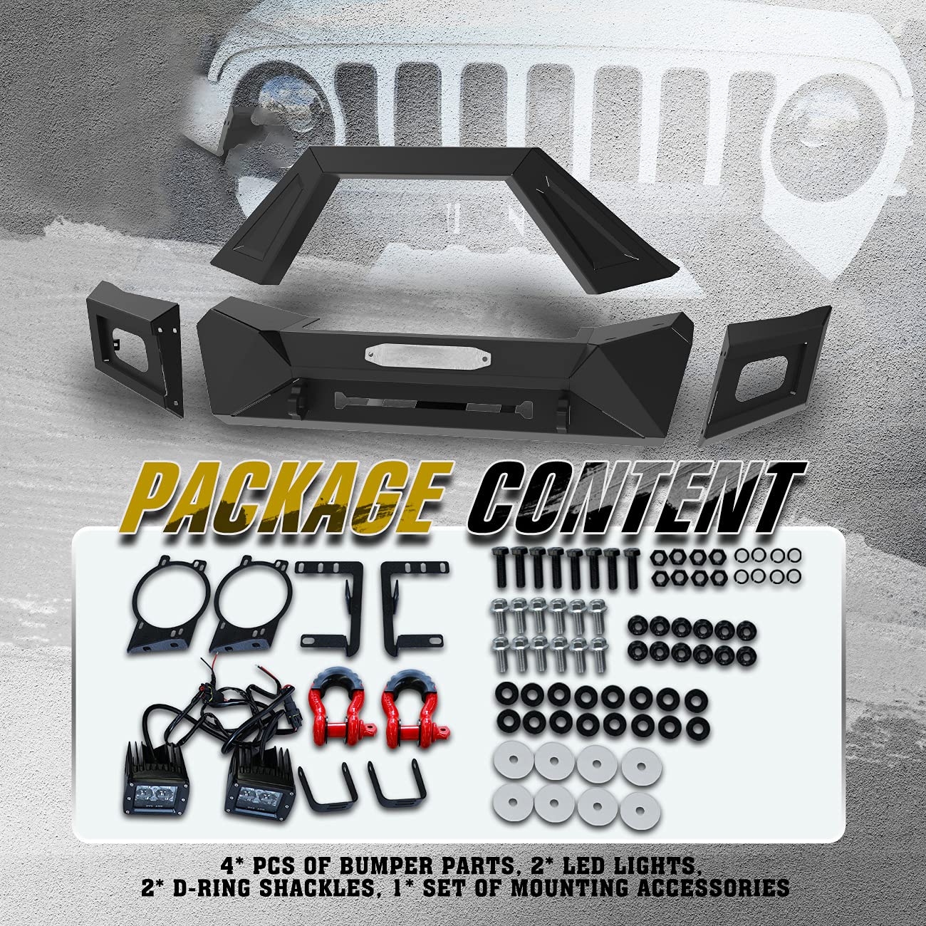 2008-2017 Jeep Wrangler JK/JKU Heavy Duty Front Bumper with LED Lights & Winch Plate - Textured Black Steel Replacement Bumper for Off-Roading, Rock Crawling & Adventure Driving