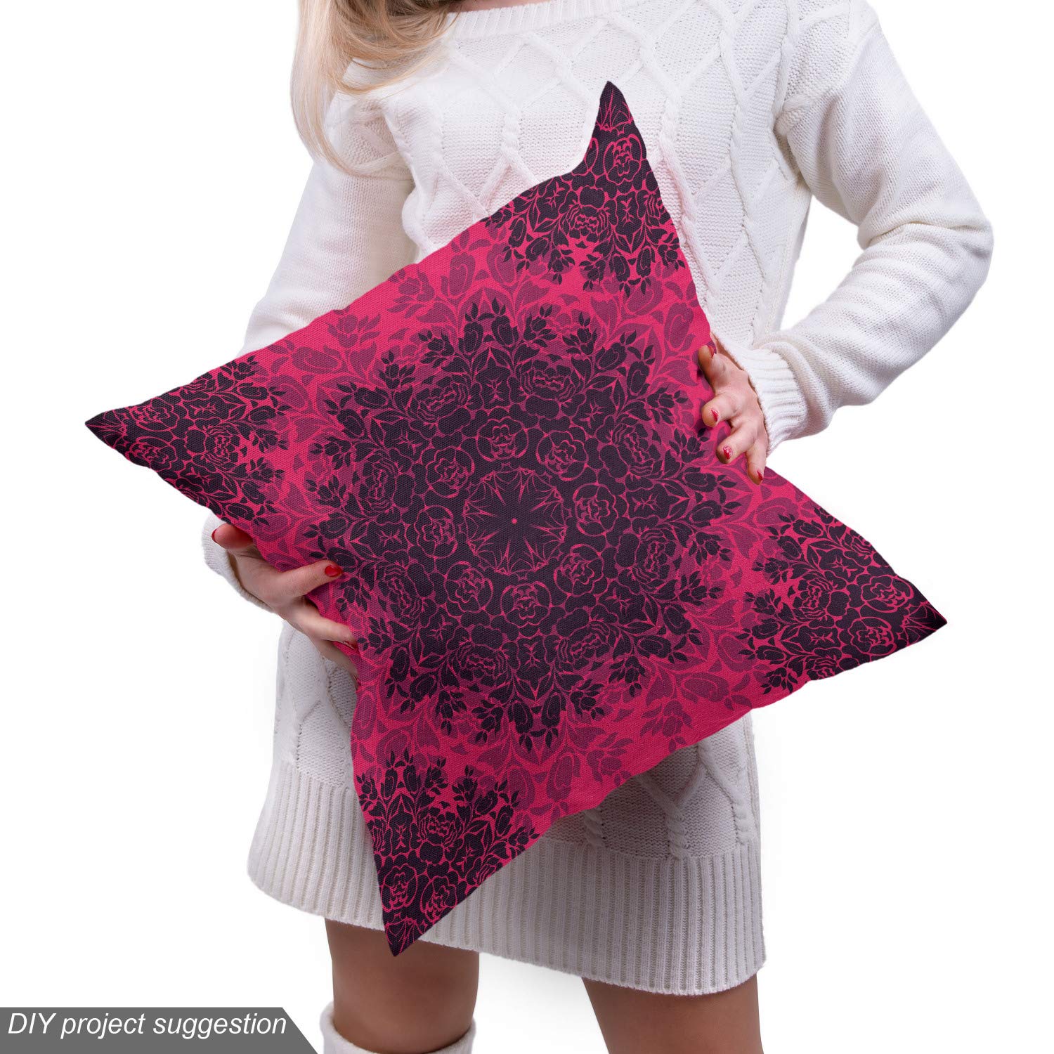 Ambesonne Floral Fabric by The Yard - Baroque Gothic Rose Flower Circle Mandala Psychedelic Print - Decorative Upholstery Fabric for Sofa, Curtains & Home Decor (10 Yards, Hot Pink Dark Purple) - Perfect for DIY Projects, Pillow Covers & Bohemian Home Accents