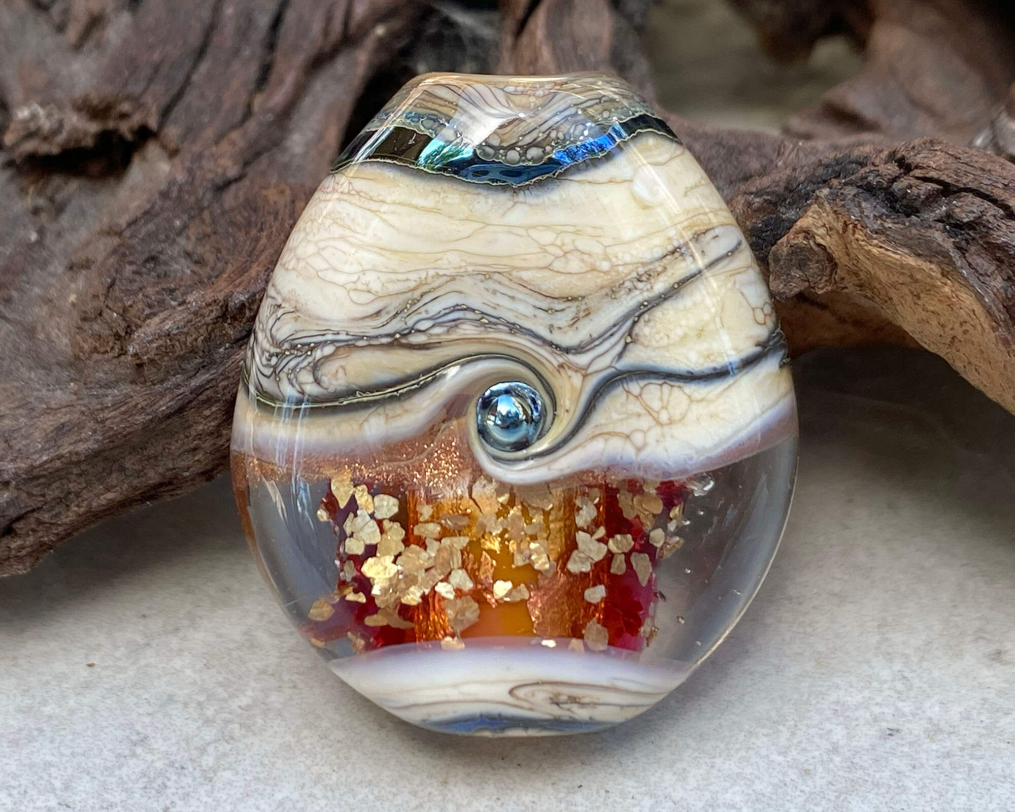 Handmade Golden Fire Organic Lampwork Glass Focal Bead - SRA Certified Artisan Jewelry Bead for Necklace, Bracelet & DIY Craft Projects