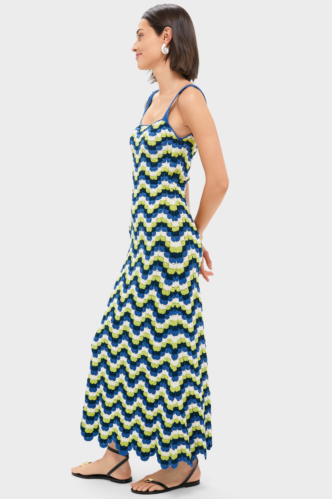 Blues and Lime Green Marea Crochet Maxi Dress for Women - Boho Beach Cover Up, Summer Vacation Outfit, Festival Fashion