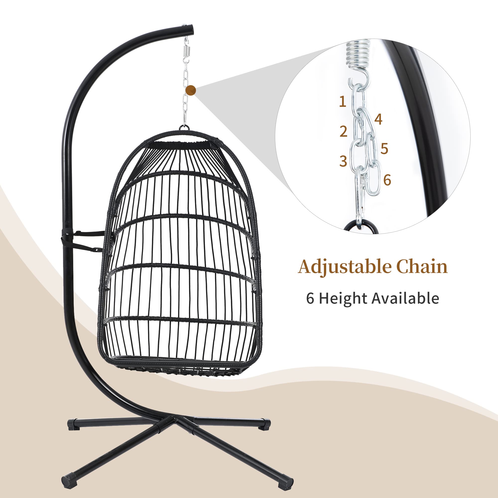 Outdoor Hanging Egg Chair - Foldable PE Rattan Wicker Swing Hammock with Steel Stand & Comfort Cushion for Patio, Balcony, Porch, Bedroom - Perfect for Relaxing, Reading & Lounging (Gray)