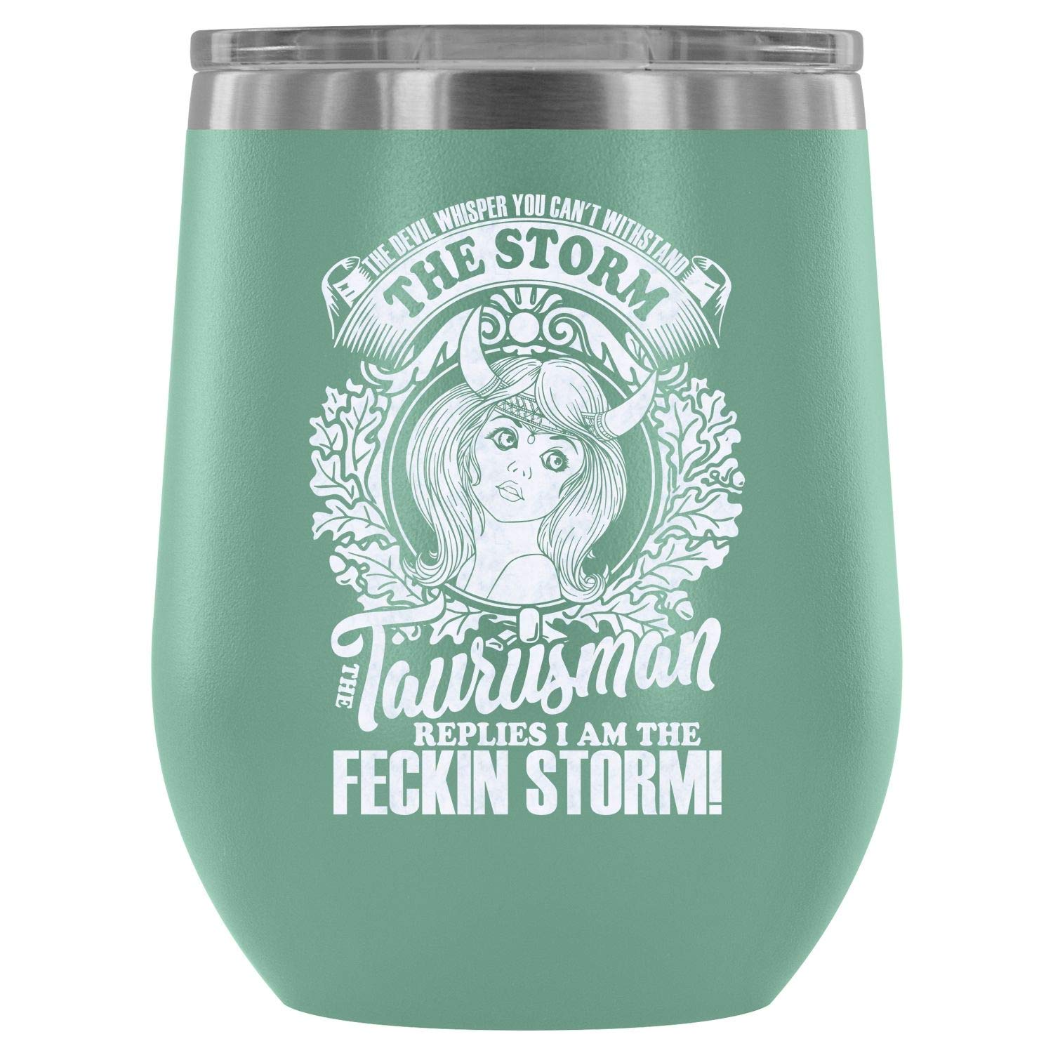 Stainless Steel Vacuum Insulated Stemless Wine Tumbler - 12oz Taurus Zodiac Design (Teal) - Perfect for Outdoor Picnics, Beach Parties & Home Entertaining