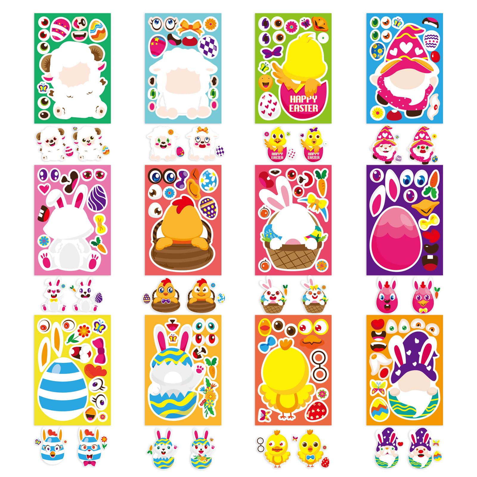 24 Sheets DIY Easter Make-a-Face Stickers for Kids - Easter Bunny, Chick, Lamb & Farm Animal Stickers for Boys & Girls - Fun Classroom, Party Favors & Family Activities