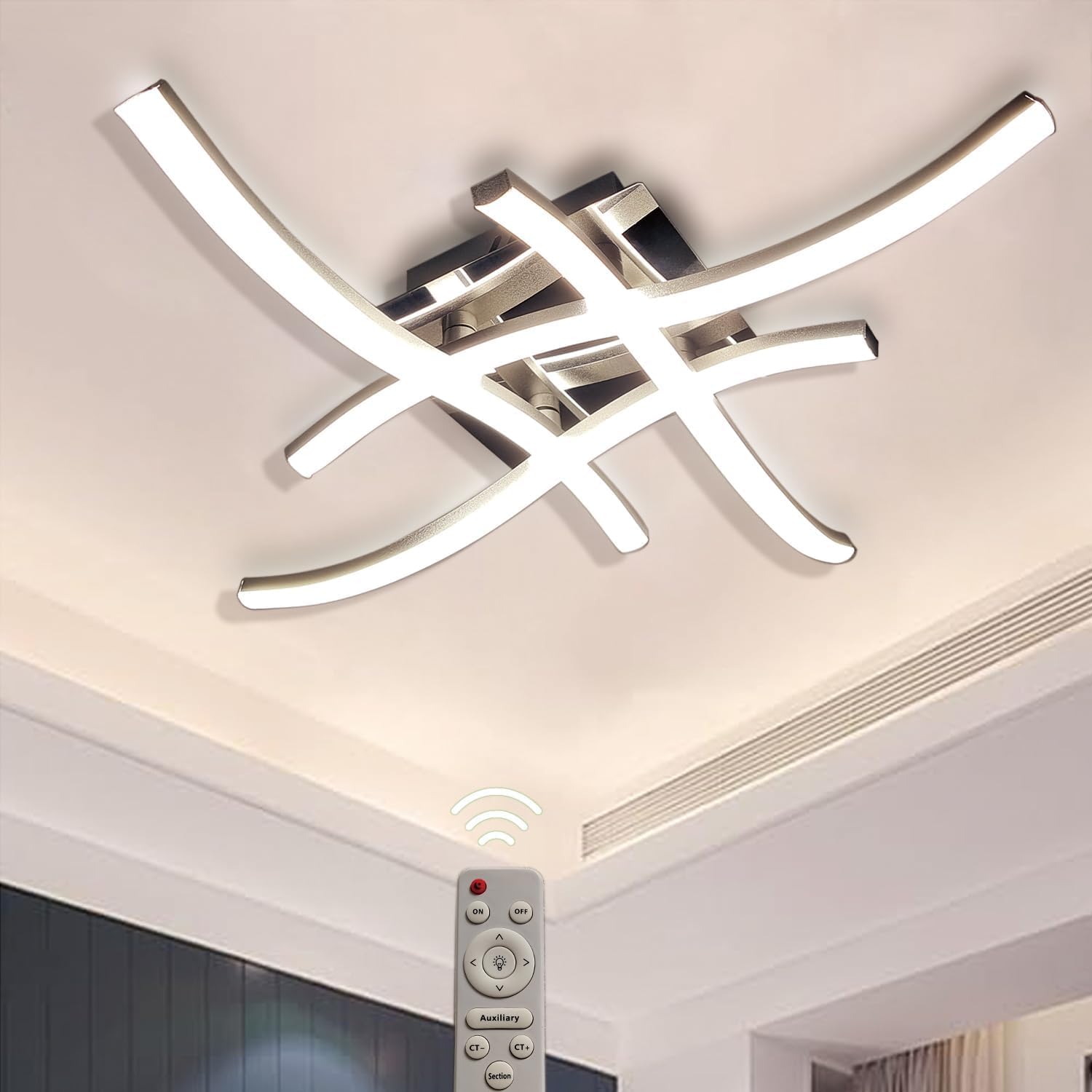 Sweier 4 Flame LED Ceiling Light, Dimmable with Remote Control - Modern Curved Ceiling Lamp, Built-in LED Panels 28W 2800 Lumens - Perfect for Living Room, Bedroom, Kitchen and Office Lighting