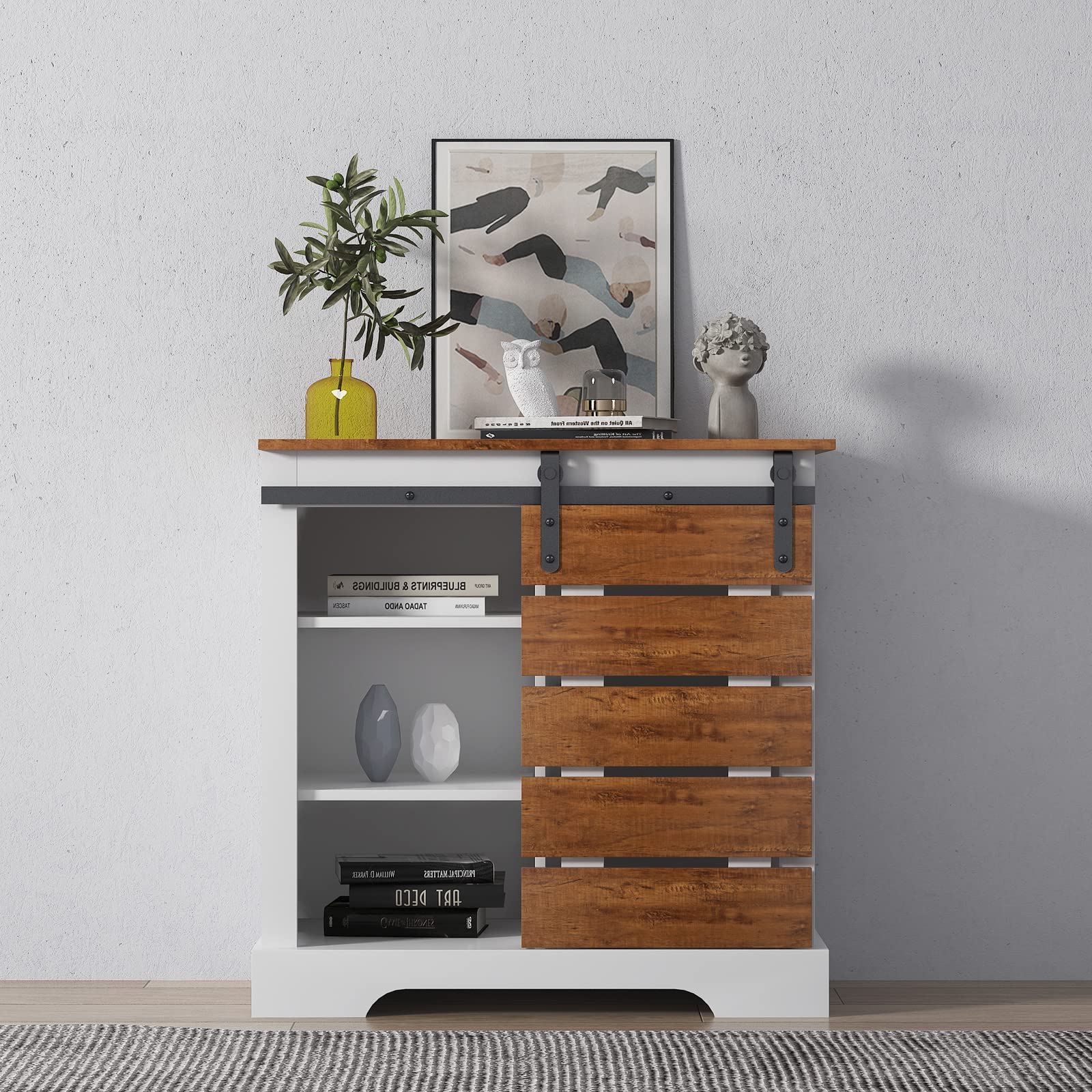 Holaki Side Cabinet - Modern Farmhouse Buffet Storage with Sliding Barn Door & Shelves, Accent Cabinet with Sturdy Metal Frame for Living Room, Hallway, Kitchen - Perfect for Home Organization & Rustic Decor (Brown)