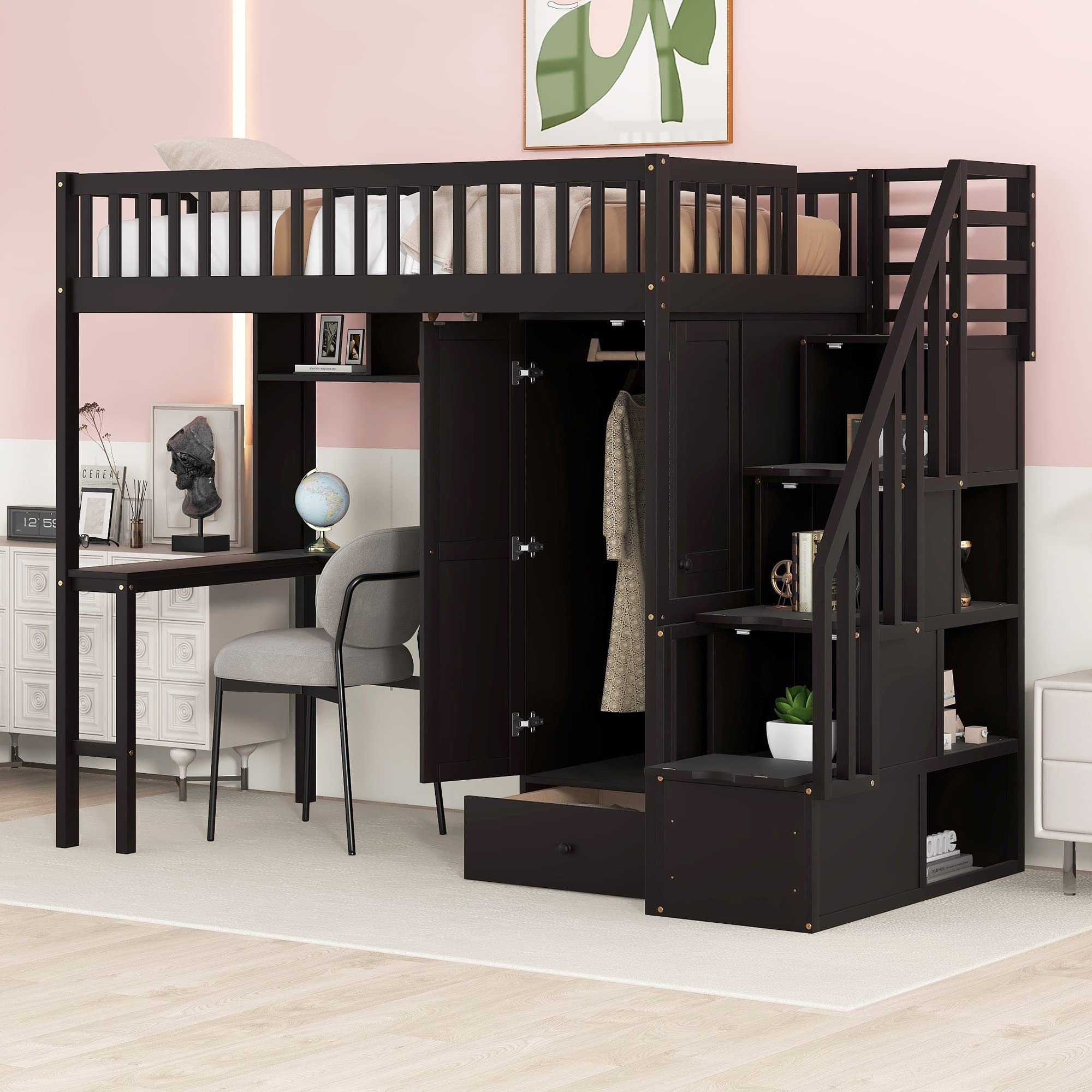 Harper & Bright Designs Twin Size Wood Loft Bed with Desk, Wardrobe, Bookshelf & Drawers - Space-Saving Study & Sleep Solution for Kids & Teens - Espresso Finish