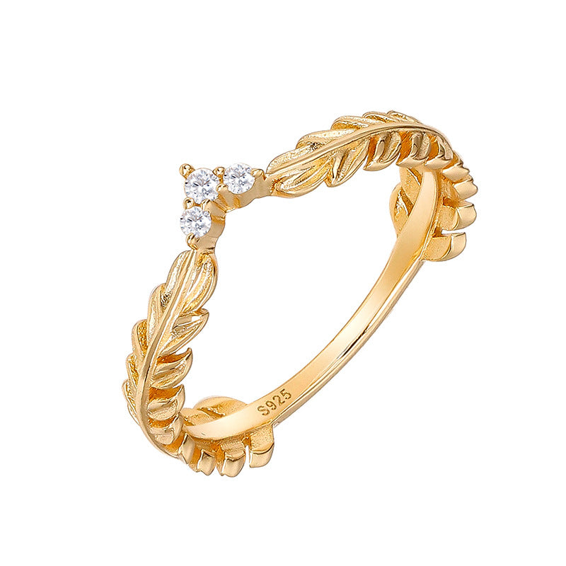Dainty Gold Zircon Feather Leaf Ring for Women - Elegant 14K Gold Plated Leaf Design Ring with Cubic Zirconia Stones - Perfect for Weddings, Parties & Everyday Wear | TB572