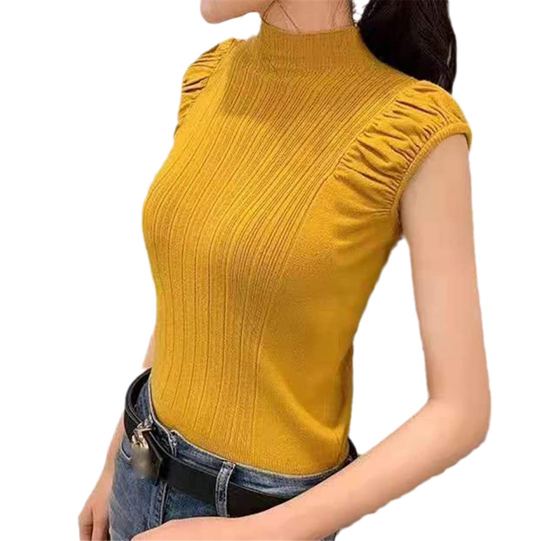 Women's Knitted Crop Tank Tops - Summer Puff Sleeve Turtleneck Short Sleeve Tees for Casual Wear | Perfect for Beach Outings, Yoga, and Everyday Fashion