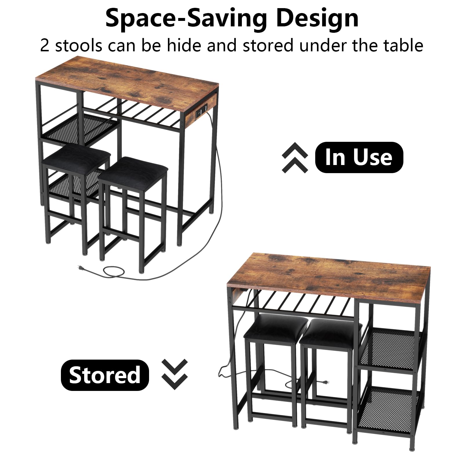 Rustic Bar Table and Chairs Set with Power Outlet, 3-Piece Pub Table Set for 2 with Storage Shelves, Wine Rack & Glass Holder - Perfect for Living Room, Dining Room, Small Apartment, and Outdoor Patio