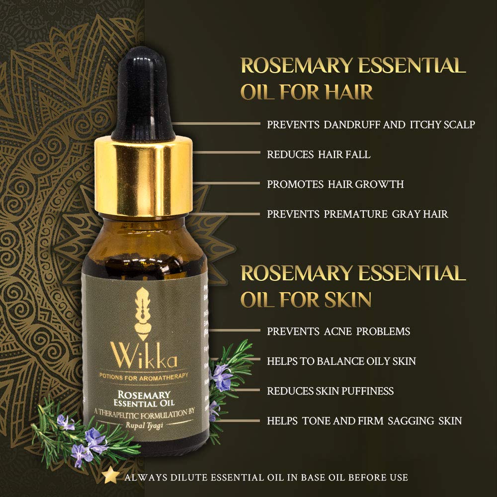 Wikka 100% Pure Therapeutic Grade Rosemary Essential Oil (Rosmarinus Officinalis) 15ml - Promotes Hair Growth, Fights Dandruff & Improves Acne Skin - Perfect for Aromatherapy, Massage & DIY Beauty Products