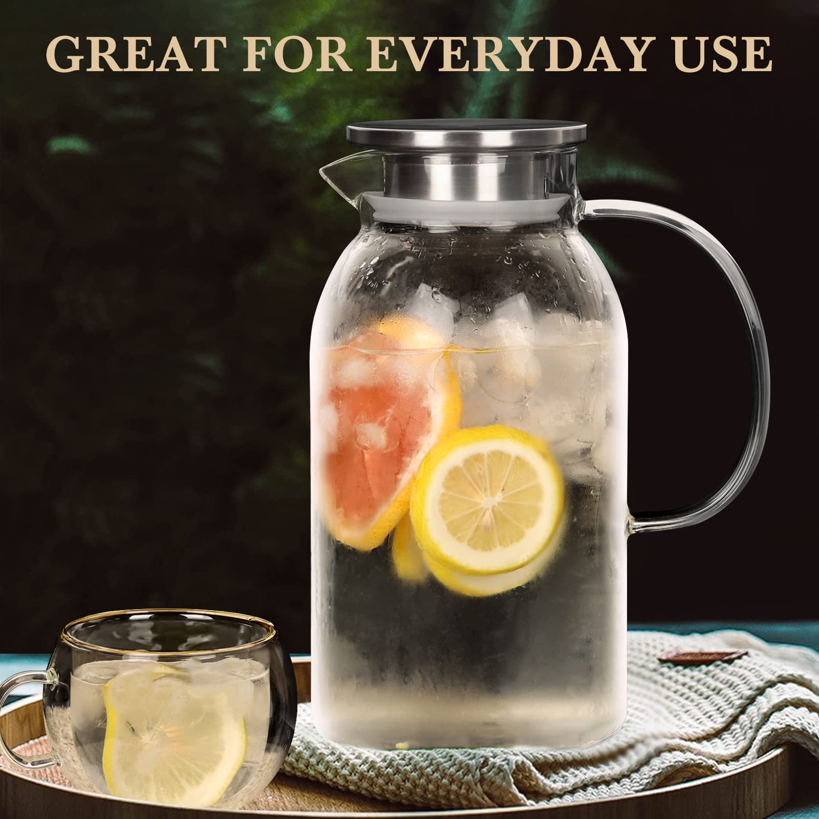 Premium Borosilicate Glass Teapot with Stainless Steel Lid & Ergonomic Handle - 67.6oz/2000ml Heat-Resistant Stovetop Safe Tea Kettle for Hot/Cold Beverages, Iced Tea & Fruit Infusions - Perfect for Home, Office & Tea Ceremonies
