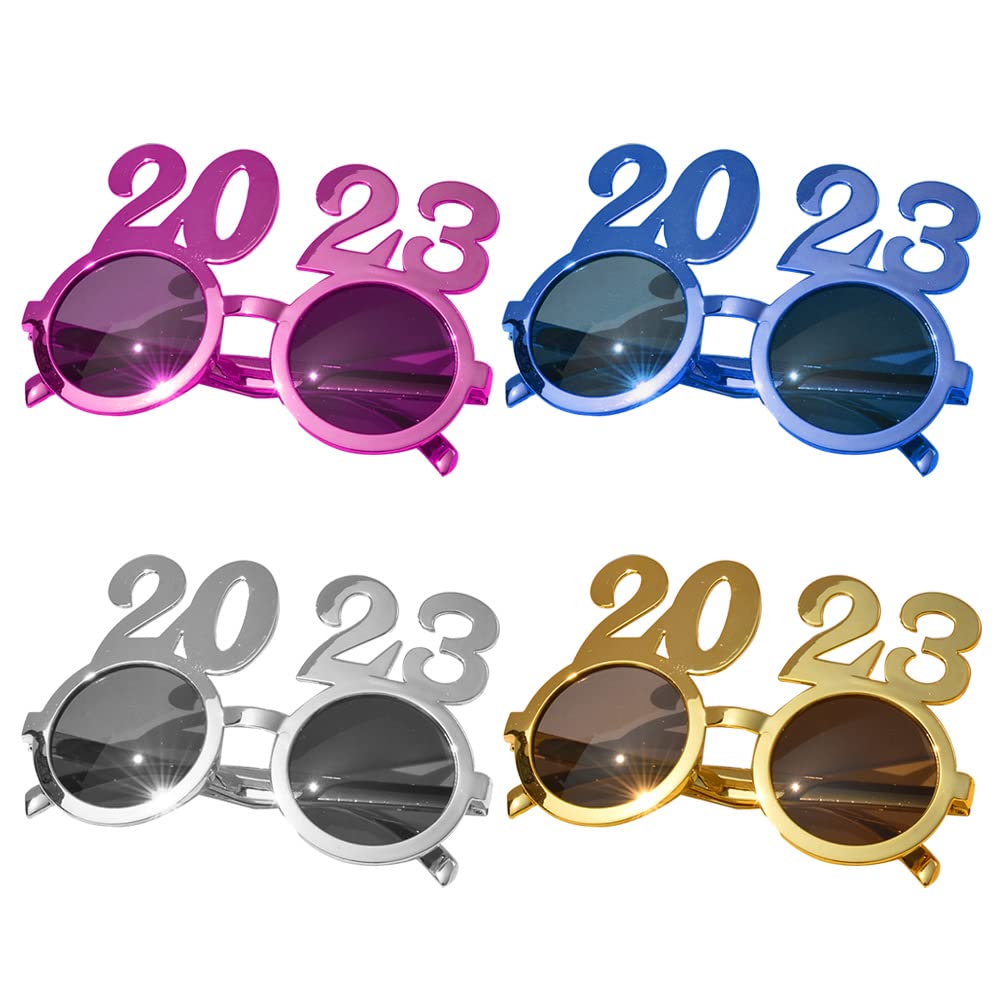 LUOZZY 4 Pairs 2023 New Year Party Glasses - Fun Photo Prop Sunglasses & Eyeglass Frames for NYE Celebrations, Costume Parties & Festive Events