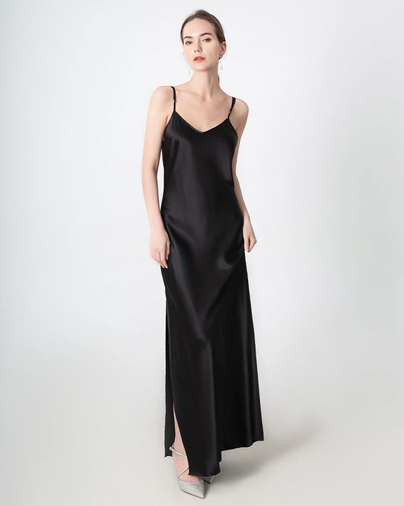 Elegant Slit V-Neck Maxi Silk Dress for Women - Flowy Long Formal Evening Gown - Perfect for Weddings, Parties & Special Occasions