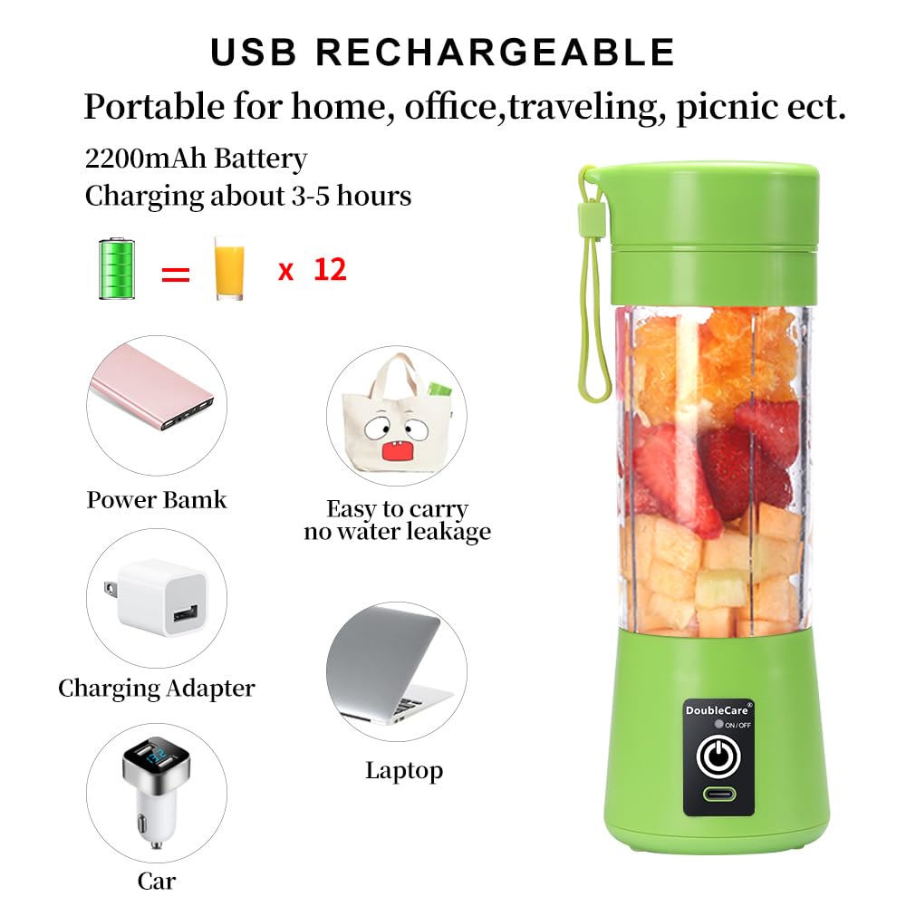 Portable USB Electric Blender Cup - 380ml Mini Blender for Smoothies, Juices & Shakes with 6 Blades, Rechargeable Travel Blender (Green) | Perfect for Gym, Office, Travel & Healthy On-the-Go Lifestyle