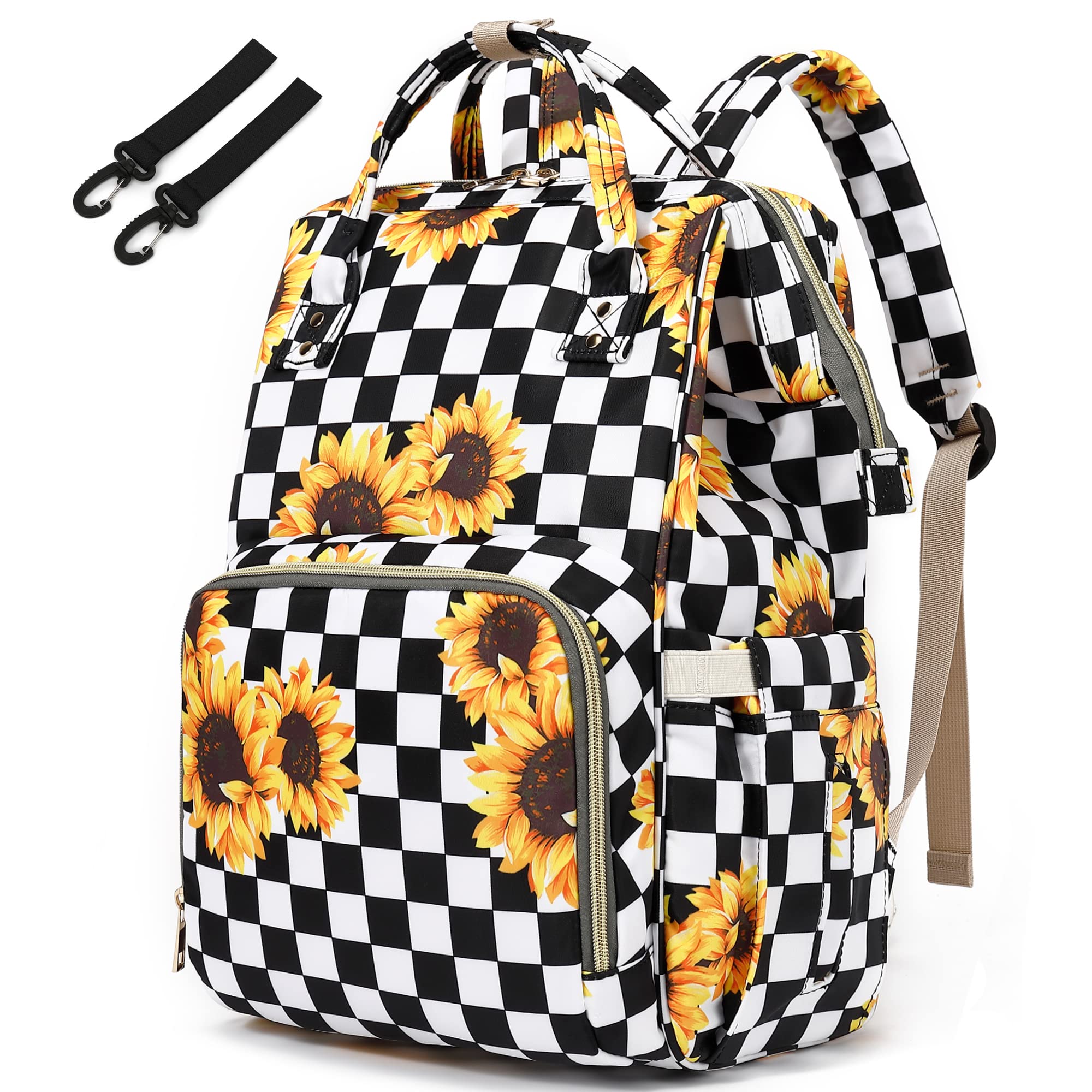 Waterproof Sunflower Checkered Diaper Backpack for Baby Girls & Moms - Large Capacity Baby Nappy Bag for Travel, Hospital Visits & Daily Outings