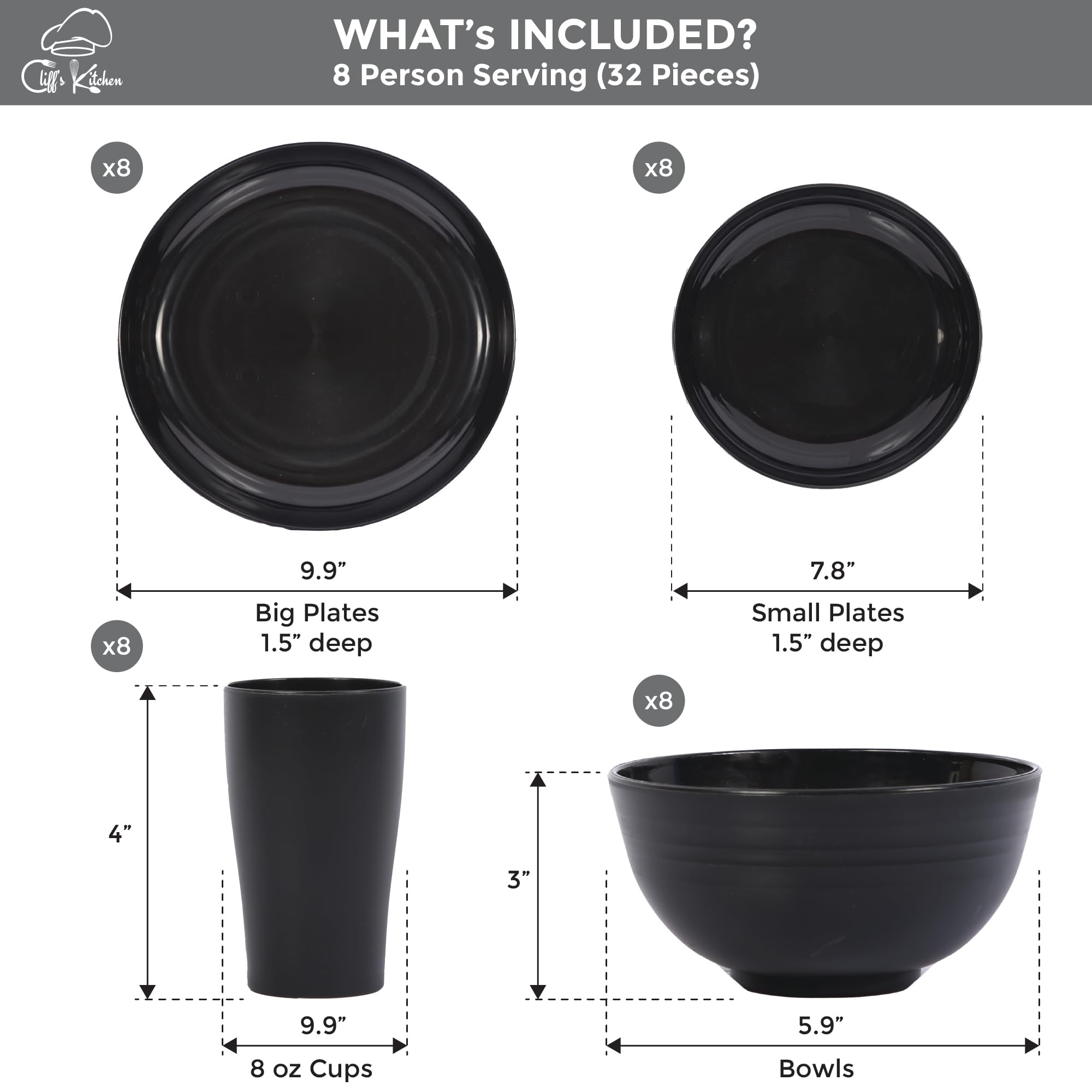 32-Piece Black Wheat Straw Dinnerware Set for 8 - Unbreakable BPA-Free Plates, Bowls & Cups - Lightweight Microwave Safe Camping & Outdoor Dishes - Perfect for Picnics, BBQs, and Family Gatherings