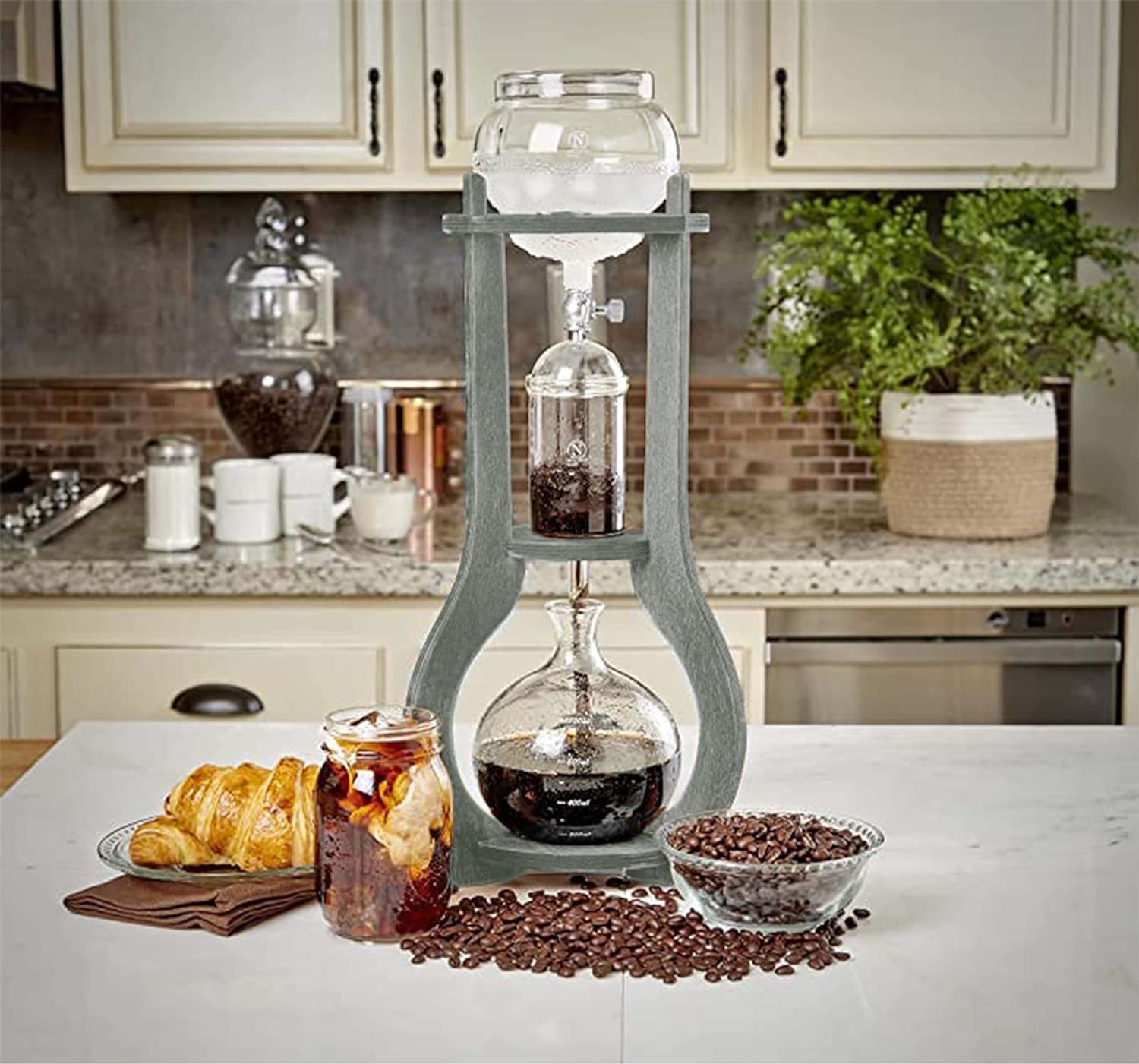 Premium Nispira Cold Brew Coffee Maker - 6-8 Cup Iced Coffee Drip Tower with Wooden Stand, Grey | Perfect for Home, Office & Outdoor Use | Easy Brewing for Smooth Iced Coffee & Cold Brew Concentrate