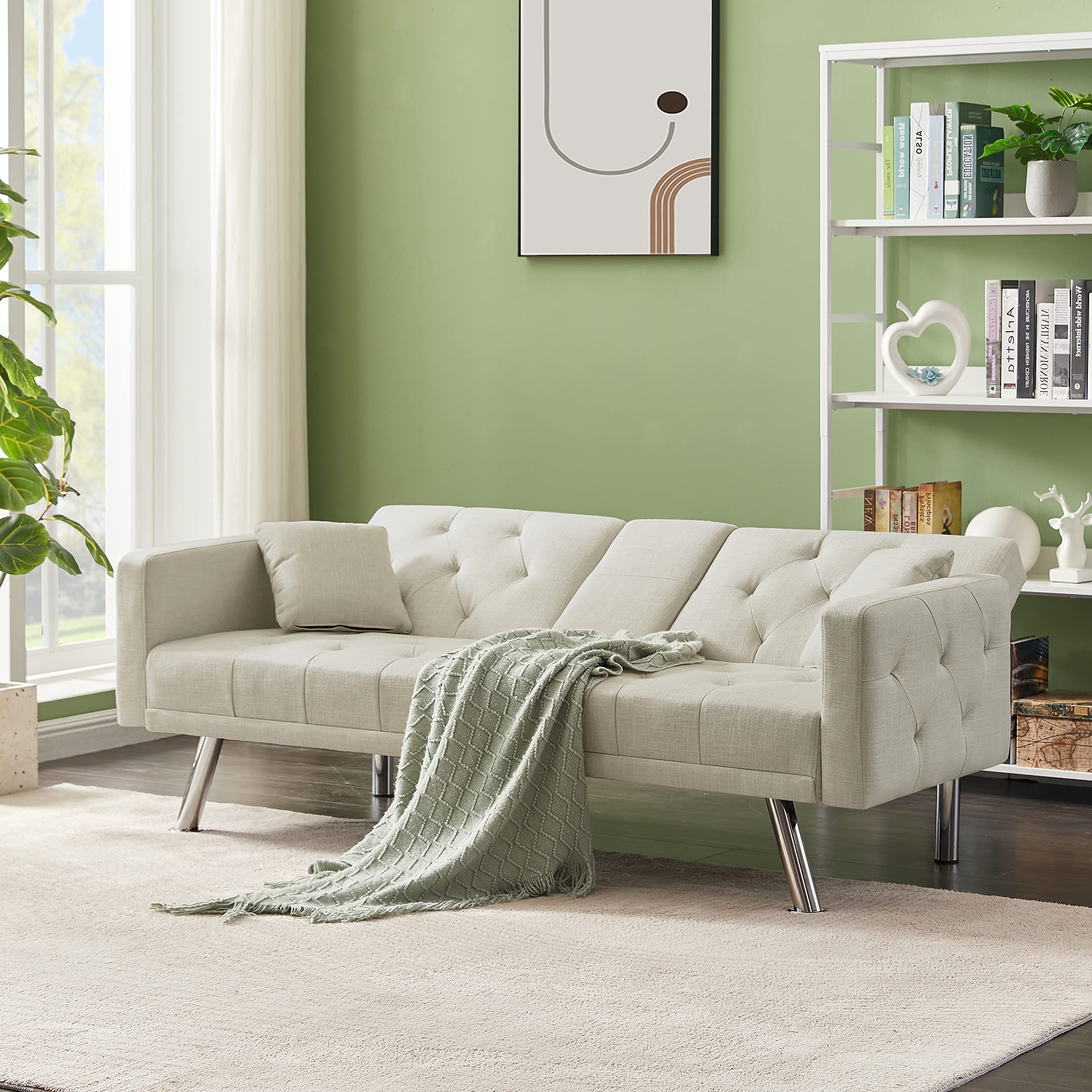 YOGLAD Modern Tufted Recliner Sofa Bed - Convertible Fabric Futon with Cup Holder & Metal Legs - 75
