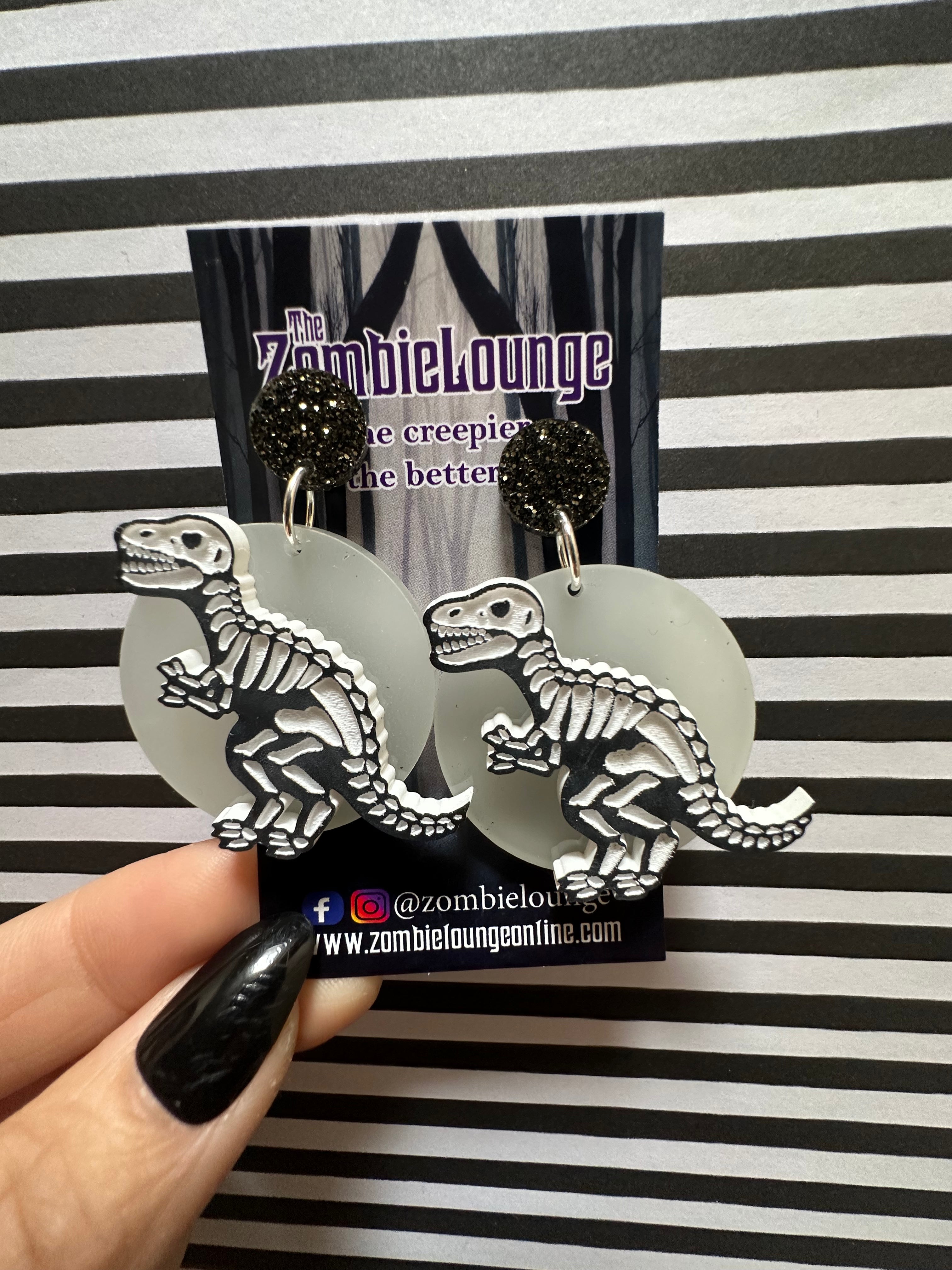 Dinosaur Skeleton Earrings - Jurassic Fossil Jewelry for Women, Sterling Silver Dino Bone Stud Earrings - Perfect for Halloween, Cosplay & Paleontology Lovers