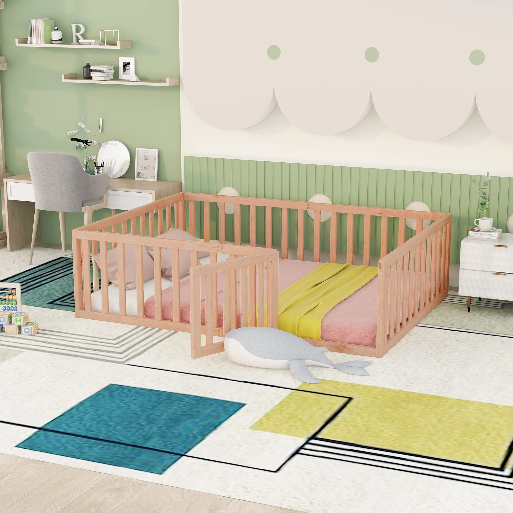 MERITLINE Full Size Wooden Bed Frame with Safety Fence for Kids Over 6 Years | Montessori Floor Bed with Door | Easy Assembly, No Box Spring Needed (Natural) - Perfect for Kids' Bedrooms, Playrooms & Montessori Learning Spaces