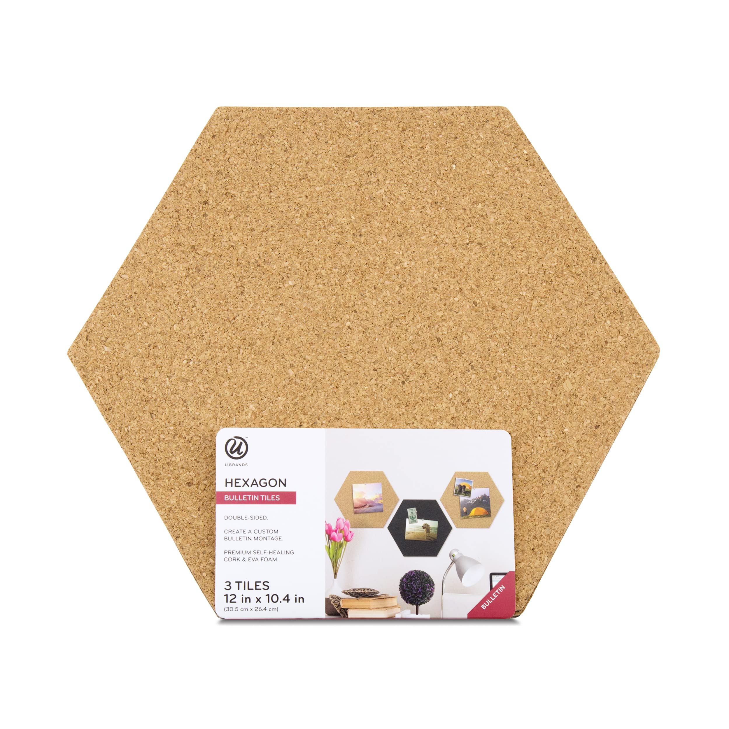 U Brands Hexagon Double-Sided Bulletin Tiles - Cork & EVA Foam Board for Office, Classroom & Home Decor - 12” x 10.4” Reusable Memo Board (3 Pack) - Perfect for Notes, Photos & Reminders