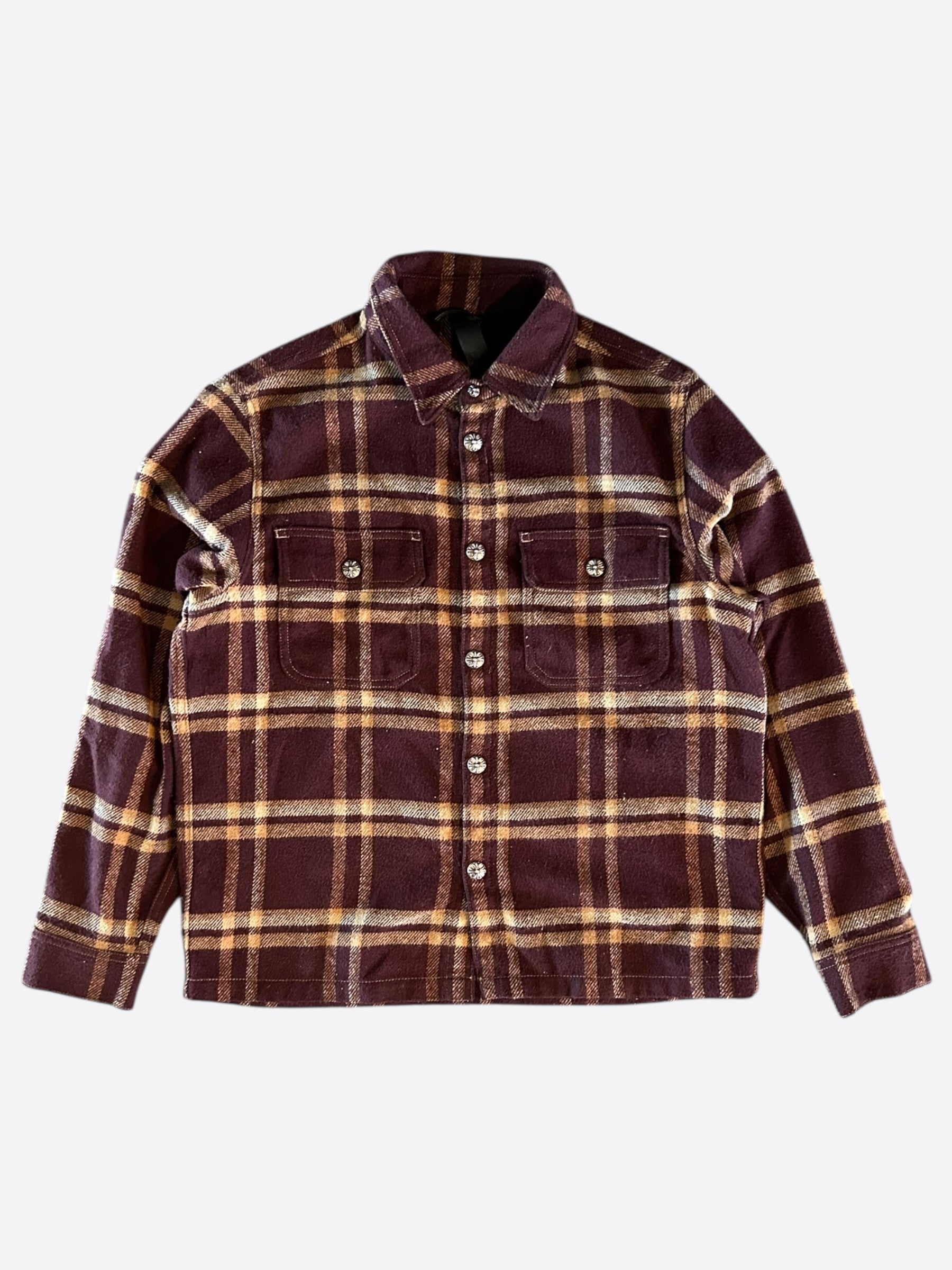 Chrome Hearts Burgundy & Yellow Plaid Jacket for Men | Stylish Vintage Flannel Shirt | Perfect for Casual Outfits & Streetwear Fashion