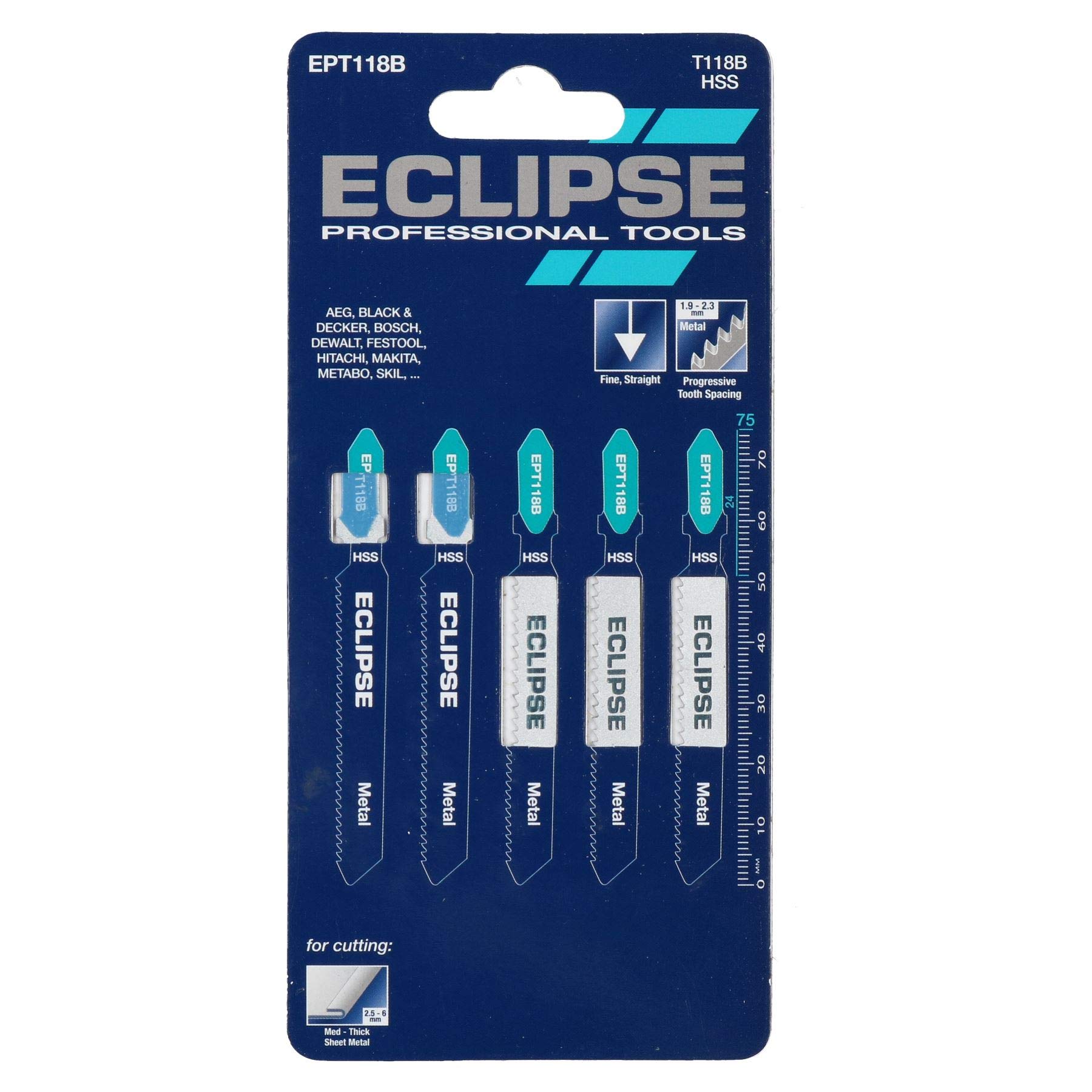5-Pack Eclipse EPT118B HSS Jigsaw Blades - 2.5-6mm Cutting Range with Progressive Teeth for Medium-Density Materials - Perfect for Woodworking, Metal Cutting & DIY Projects