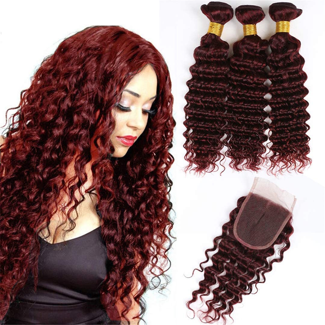 Brazilian Virgin Human Hair Bundles with 4x4 Lace Closure - 99J Deep Wave 3 Bundles Burgundy Wine Red Double Weft Hair Extensions for Styling & Volume | Perfect for Daily Wear, Parties & Special Occasions