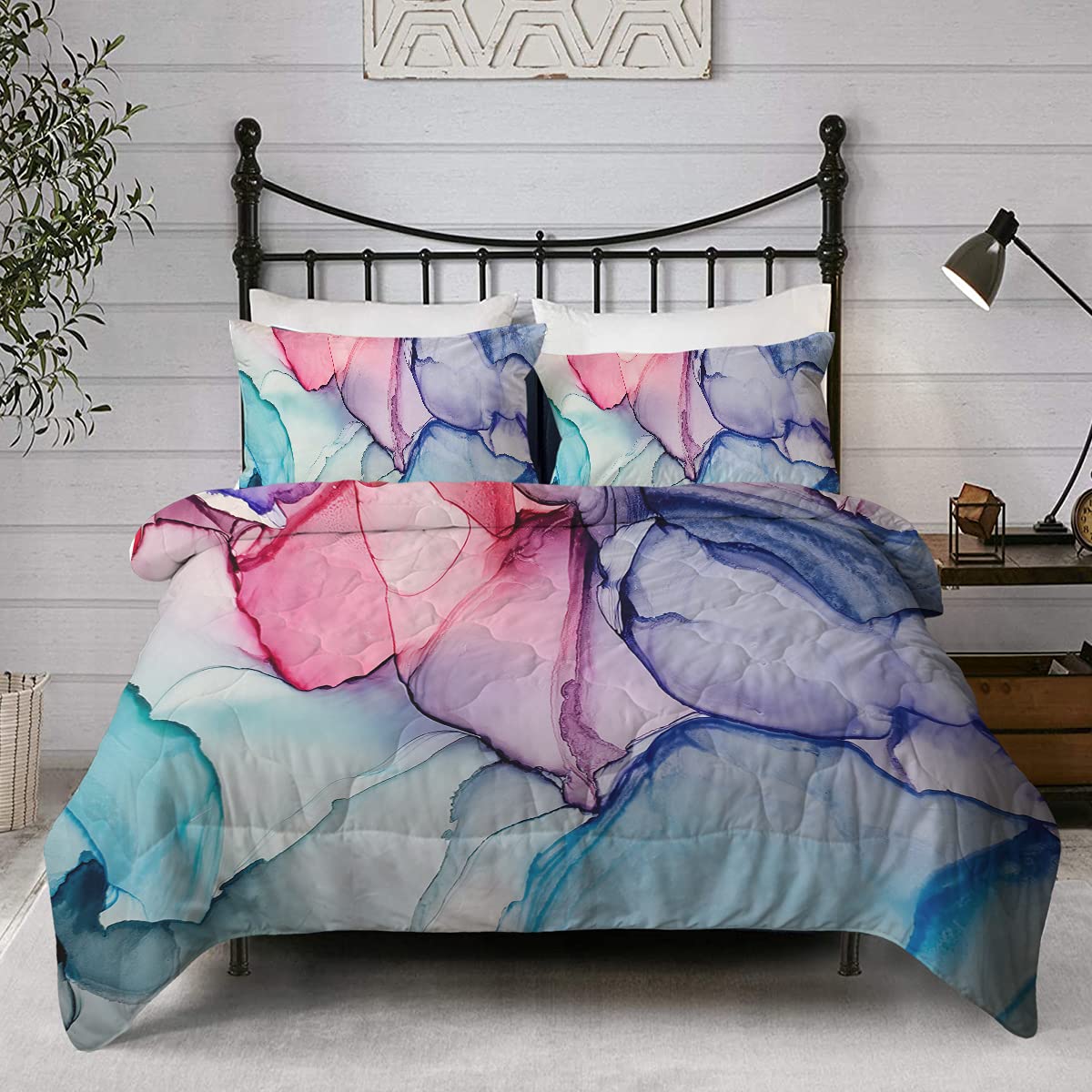 Blue Pink Marble Comforter Set - Watercolor Kids Twin Bedding 3PC Set with Comforter & 2 Pillowcases | Soft Colorful Bedroom Decor for Boys & Girls | Perfect for Kids' Rooms, Dormitories & Guest Bedrooms