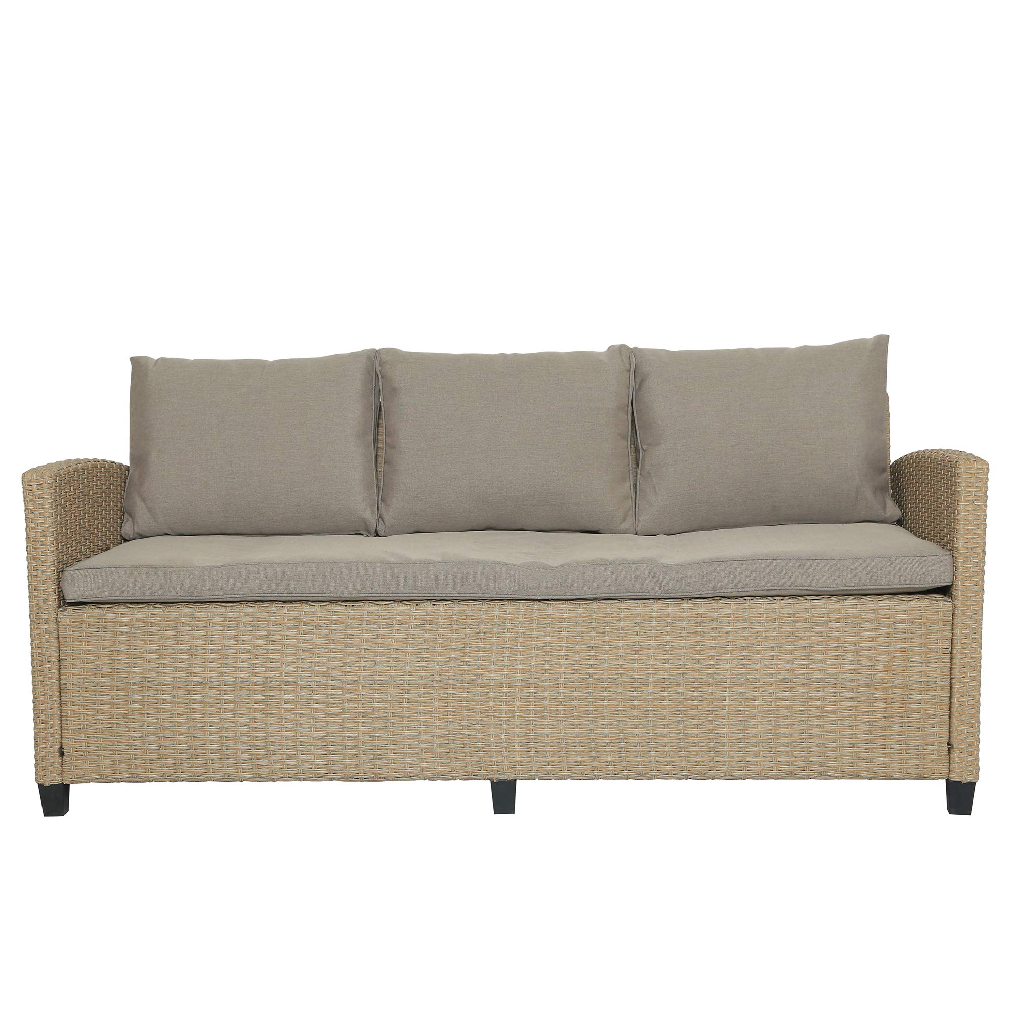 All-Weather 6-Piece Outdoor Dining Table Set with Rattan Wicker Sofa, Wood Table & Stools - Brown Patio Furniture for Garden, Backyard, and Poolside Relaxation
