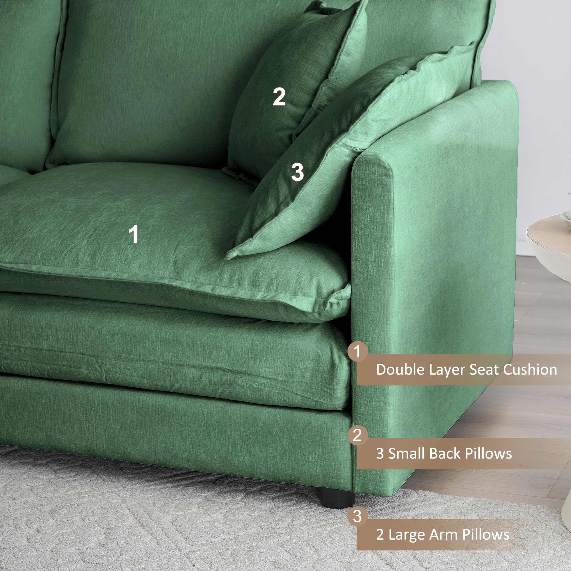 2-Piece Large Green Sectional Sofa Set - Plush Chenille Deep Seat Cloud Couch & Loveseat for Living Room, Apartment, Office | Modern Luxury Comfort Furniture for Relaxing, Entertaining & Small Spaces