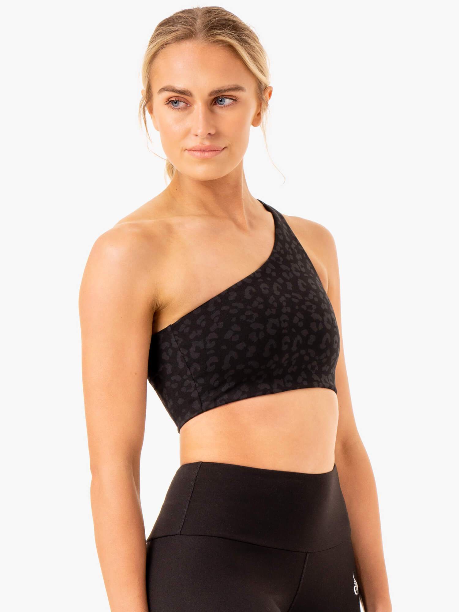 Adapt One Shoulder Sports Bra - Black Leopard Print for Yoga, Running & Gym Workouts